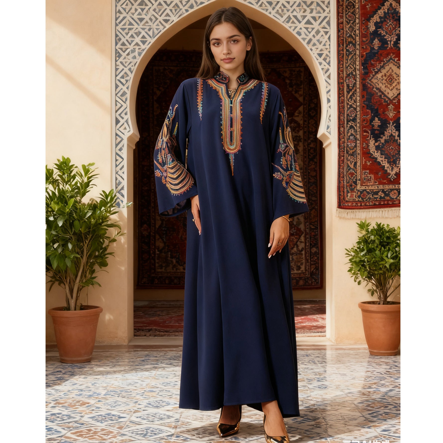 Navy and Pink Embroidered Pullover Maxi Abaya Dress Jalabiya Modest Long Dress for Muslim Women Ramadan Prayer Casual Wear S-XXL