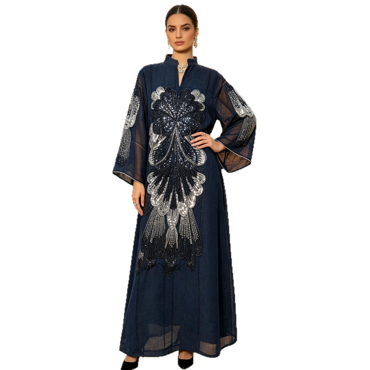 Pink Navy Apricot 2026 Sequin Applique Embroidered Long Gown Banquet Maxi Dress Modest Muslim Jalabiya