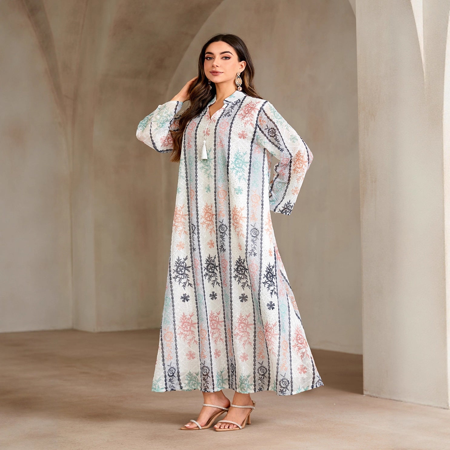 Luxury Floral Print Rhinestone Embellished Gown Jalabiya Modest Long Maxi Dress for Muslim Women Eid Ramadan S-XXL