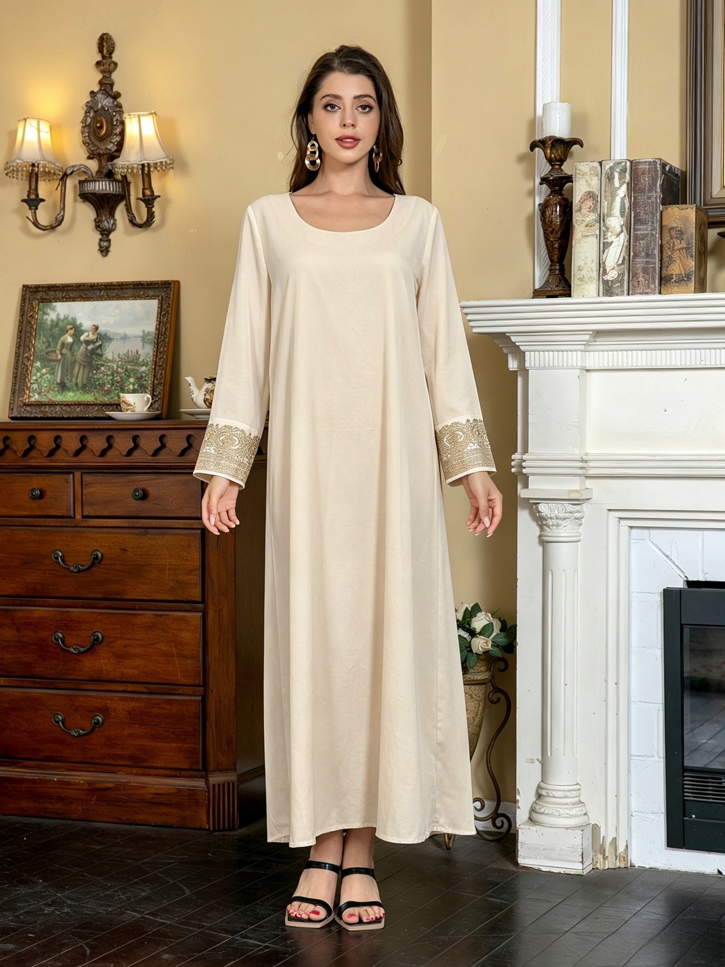 Off White Embroidered Two-Piece Cardigan Vest Set Evening Gown Jalabiya Modest Long Maxi Dress for Muslim Women Eid Ramadan
