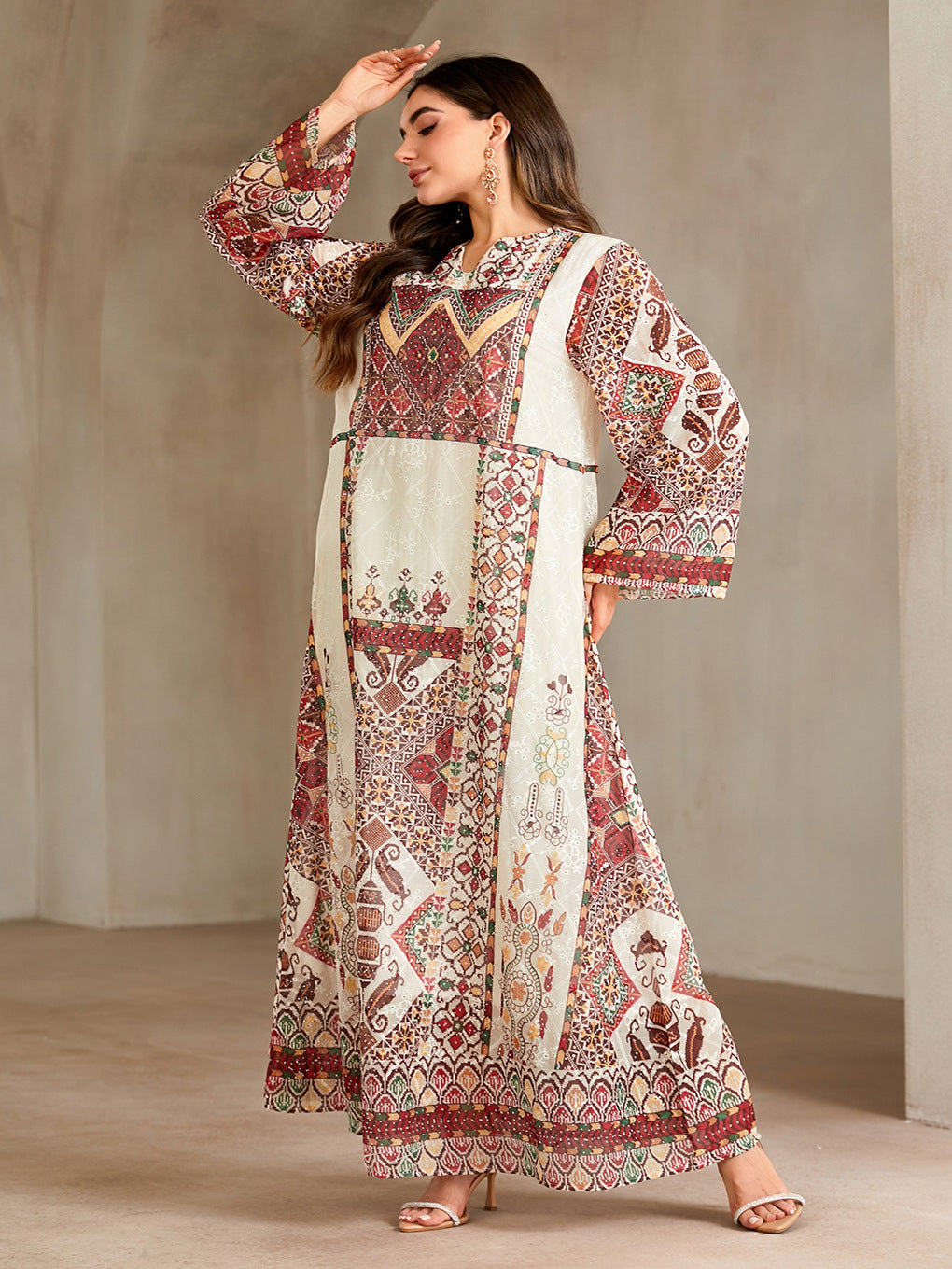 Vintage Ethnic Print Rhinestone Embellished Gown Jalabiya Modest Loose Long Maxi Dress for Muslim Women Eid Ramadan S-XXL