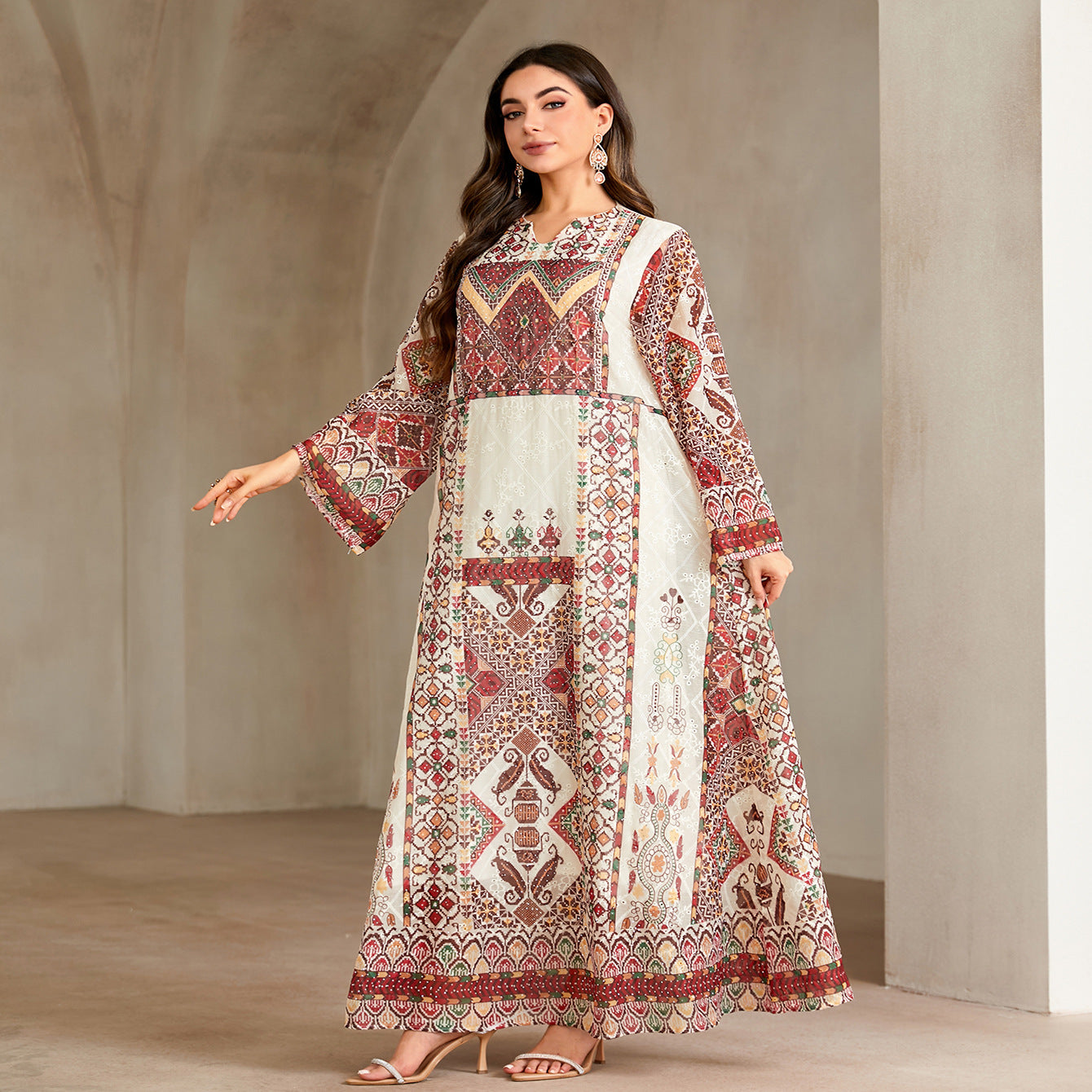 Vintage Ethnic Print Rhinestone Embellished Gown Jalabiya Modest Loose Long Maxi Dress for Muslim Women Eid Ramadan S-XXL