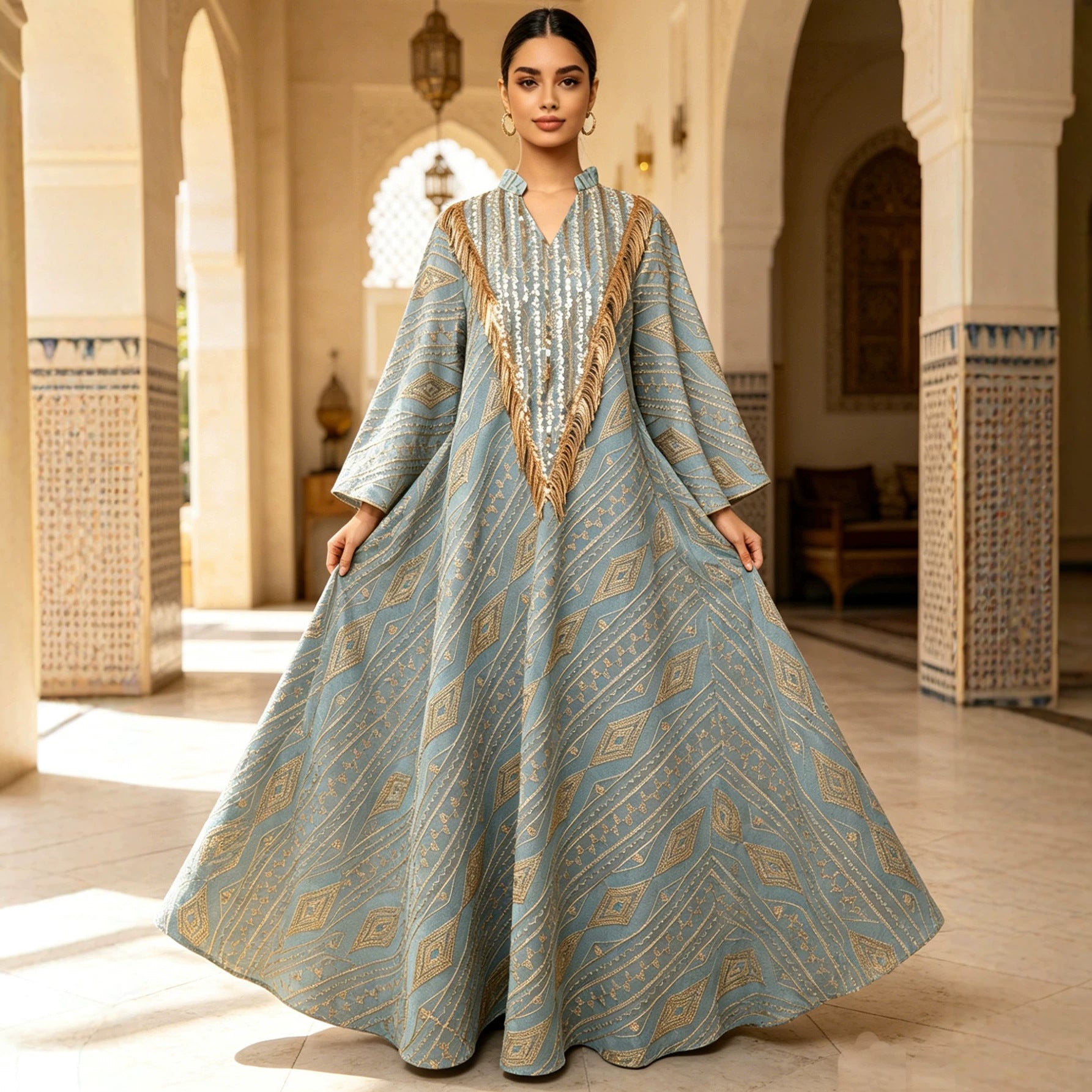 Elegant Embroidered Mesh Long Dress Abaya Kaftan Modest Maxi Dress for Muslim Women Eid Ramadan Festive Wear S-XXL