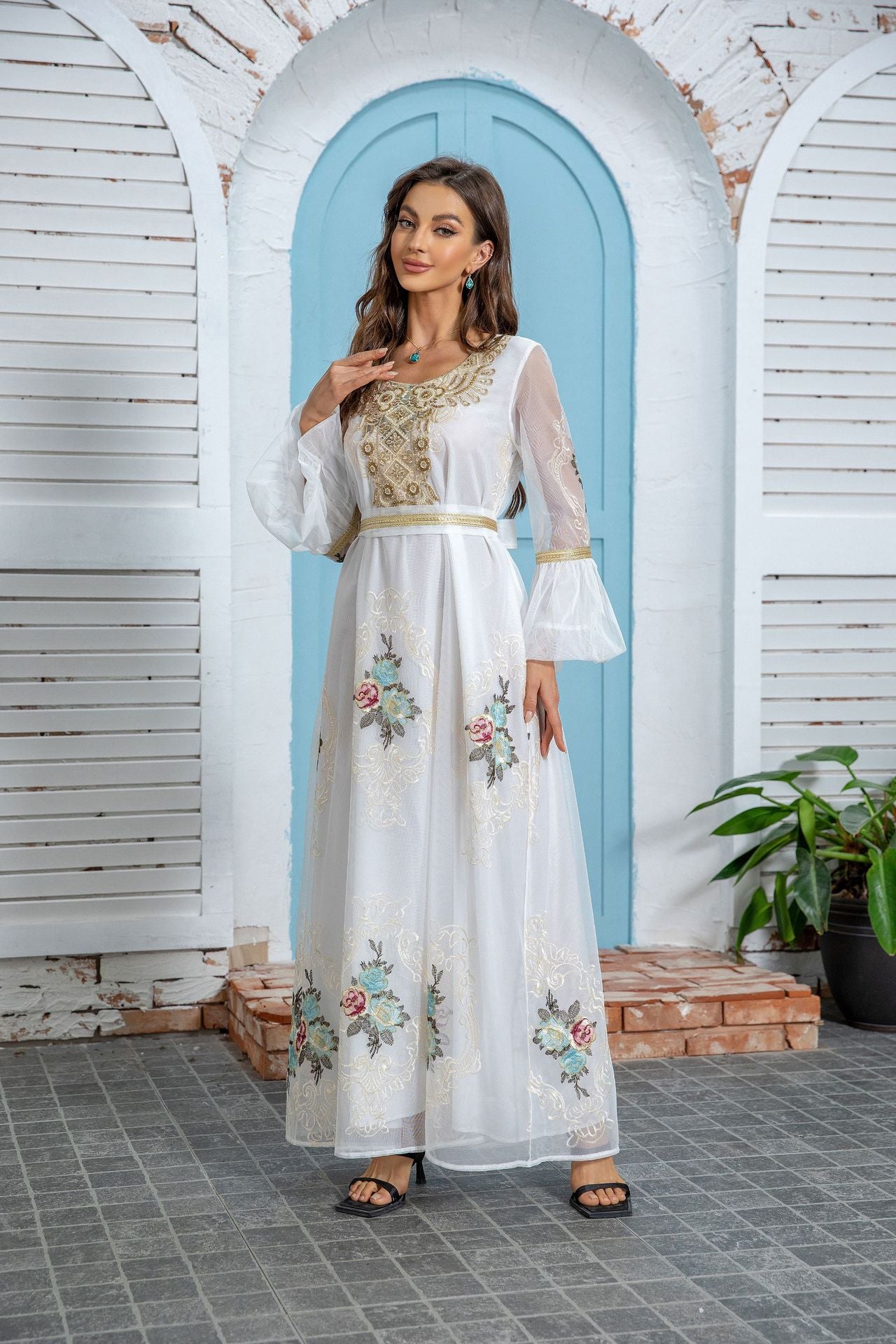 Radiant White Embroidered Abaya – Modest Evening Maxi Robe