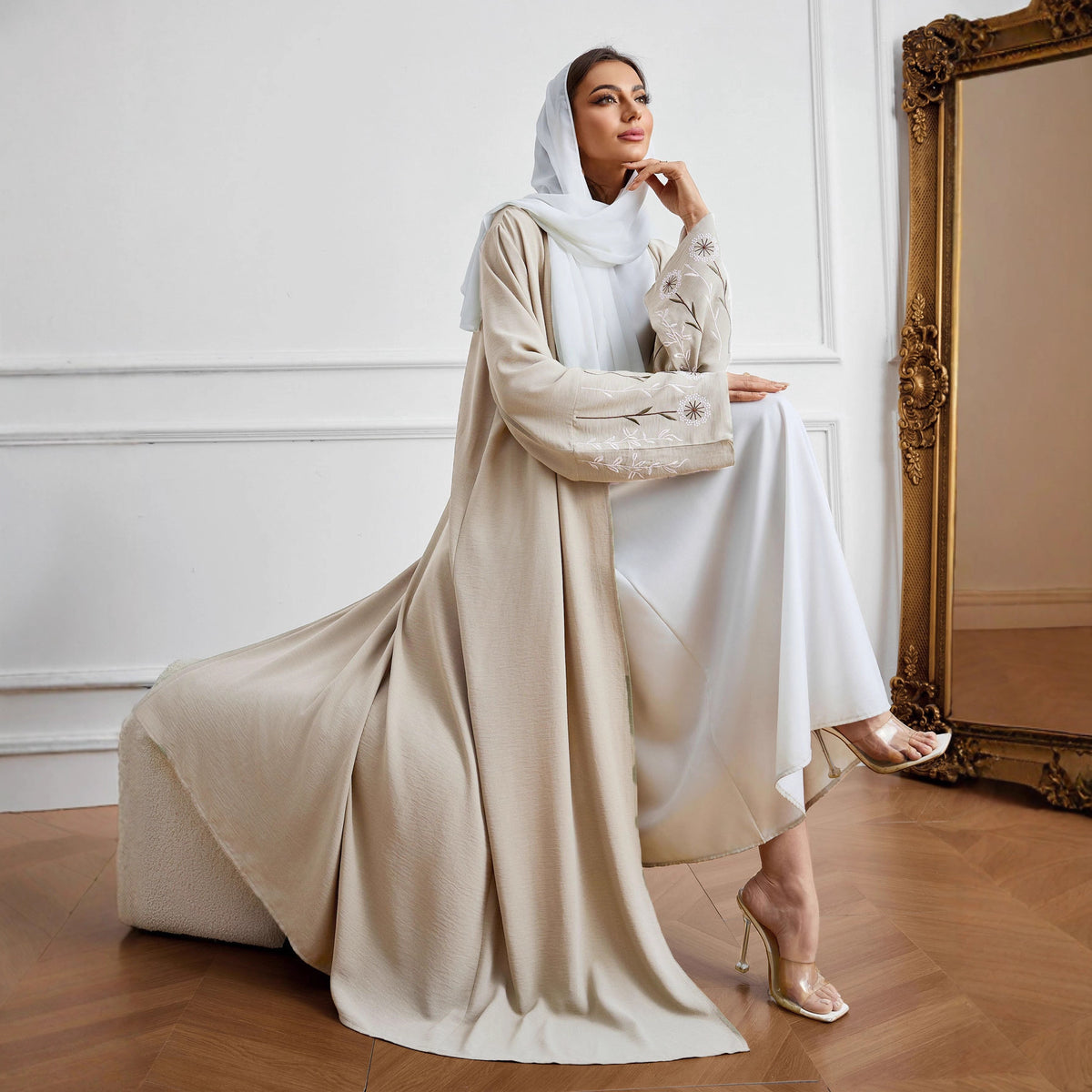 Elegant Floral Embroidered Sleeve Open Front Abaya Cardigan with Tie Belt Modest Long Maxi Robe for Muslim Women Eid Ramadan