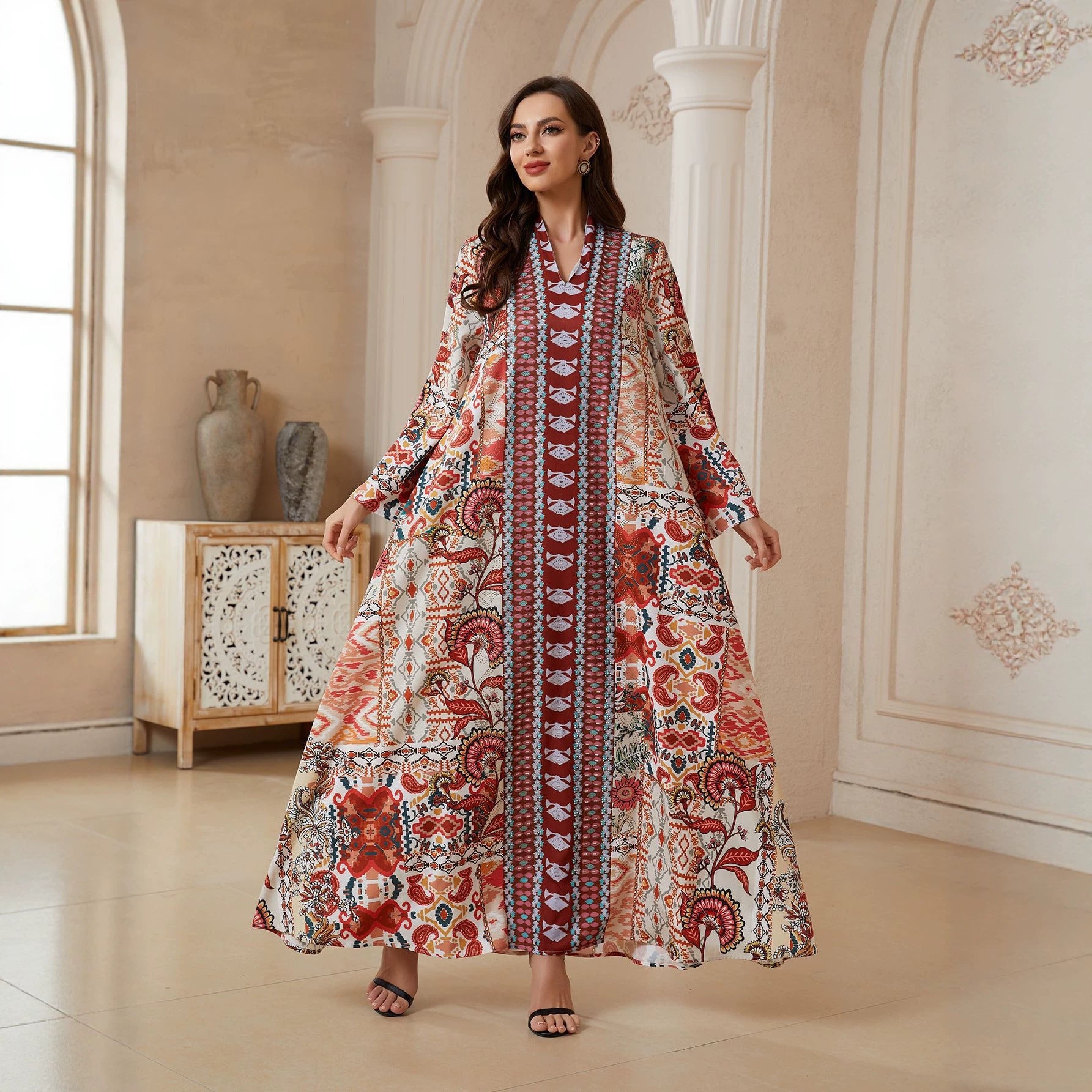 Floral V-Neck Plus Size Maxi Dress - Loose Summer Muslim Gown