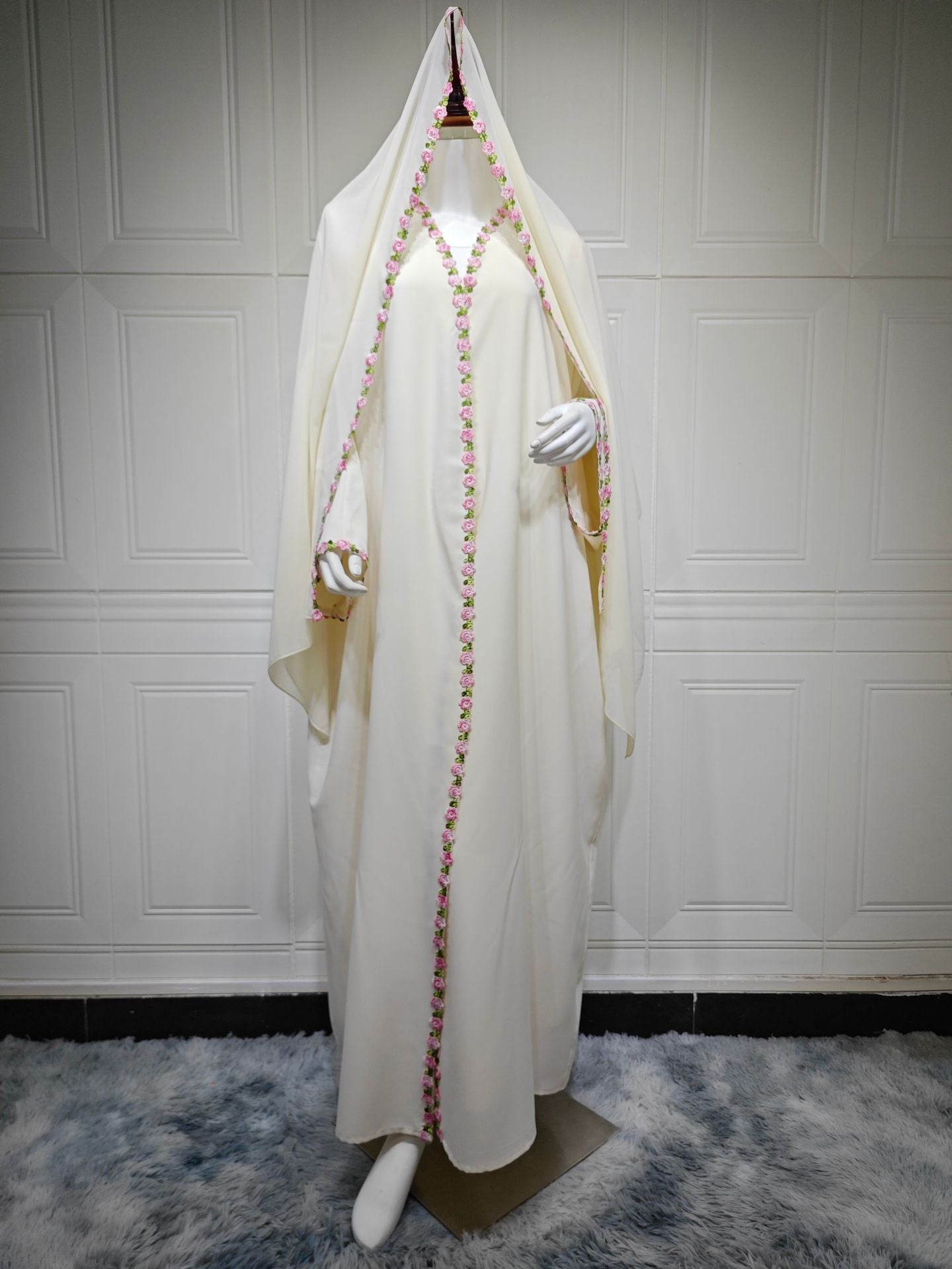 White and Yellow Floral Print Maxi Dress with Hijab Two-Piece Set