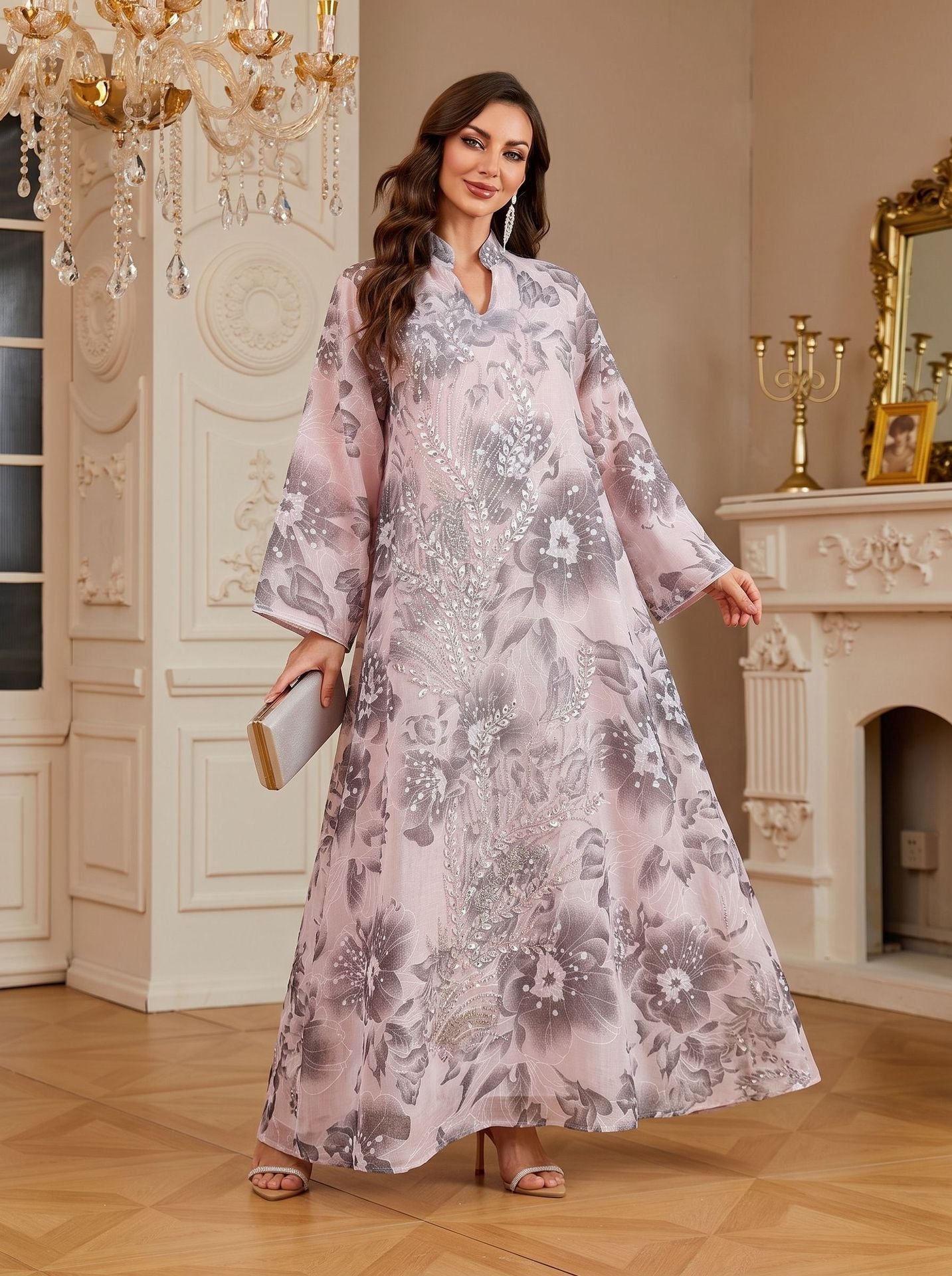 Beaded Sequin Applique Ethnic Pattern Gown Jalabiya Modest Loose Long Maxi Dress for Muslim Women Eid Ramadan M-XXL