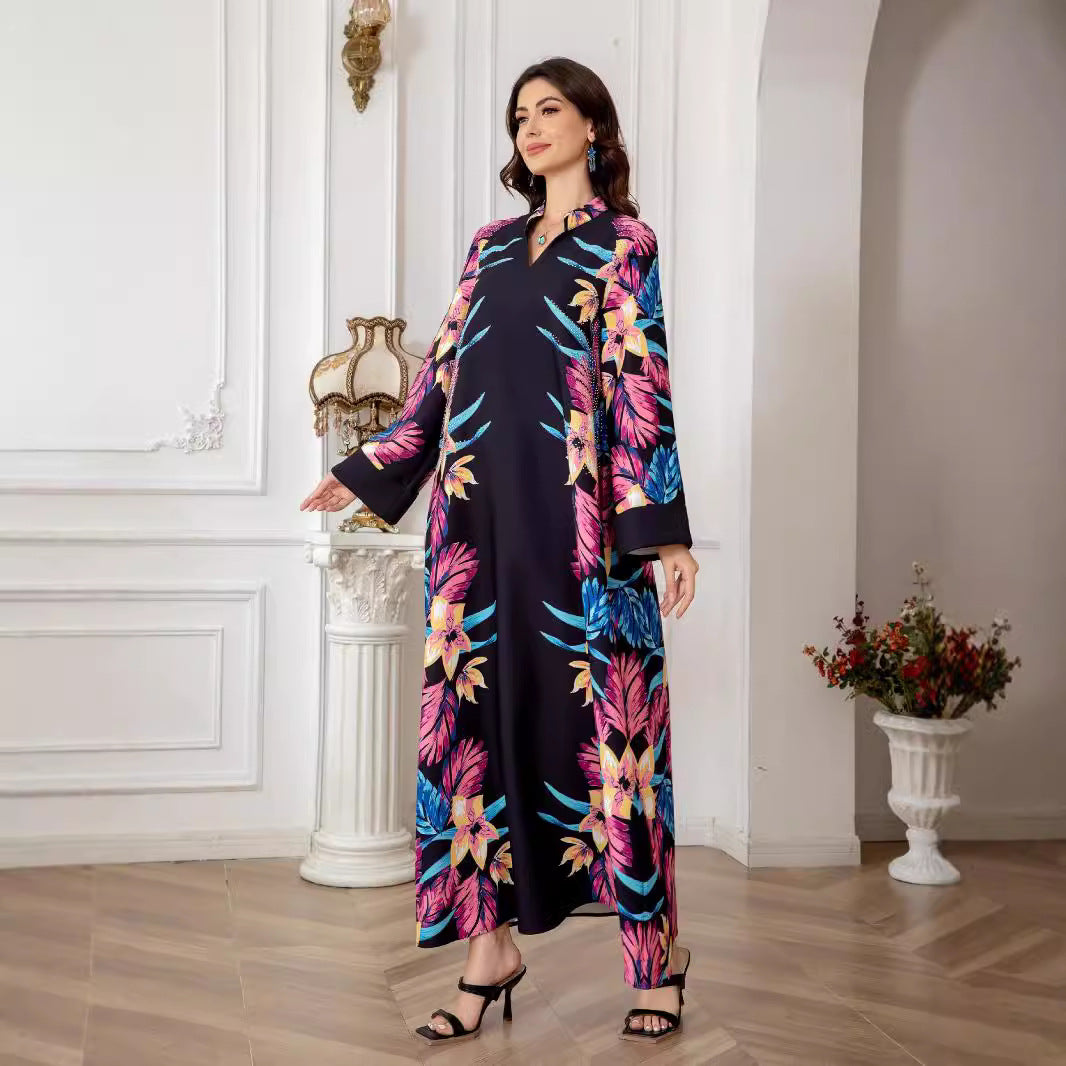 Black Floral Print Modest Abaya Dress - Long Sleeve Everyday Robe