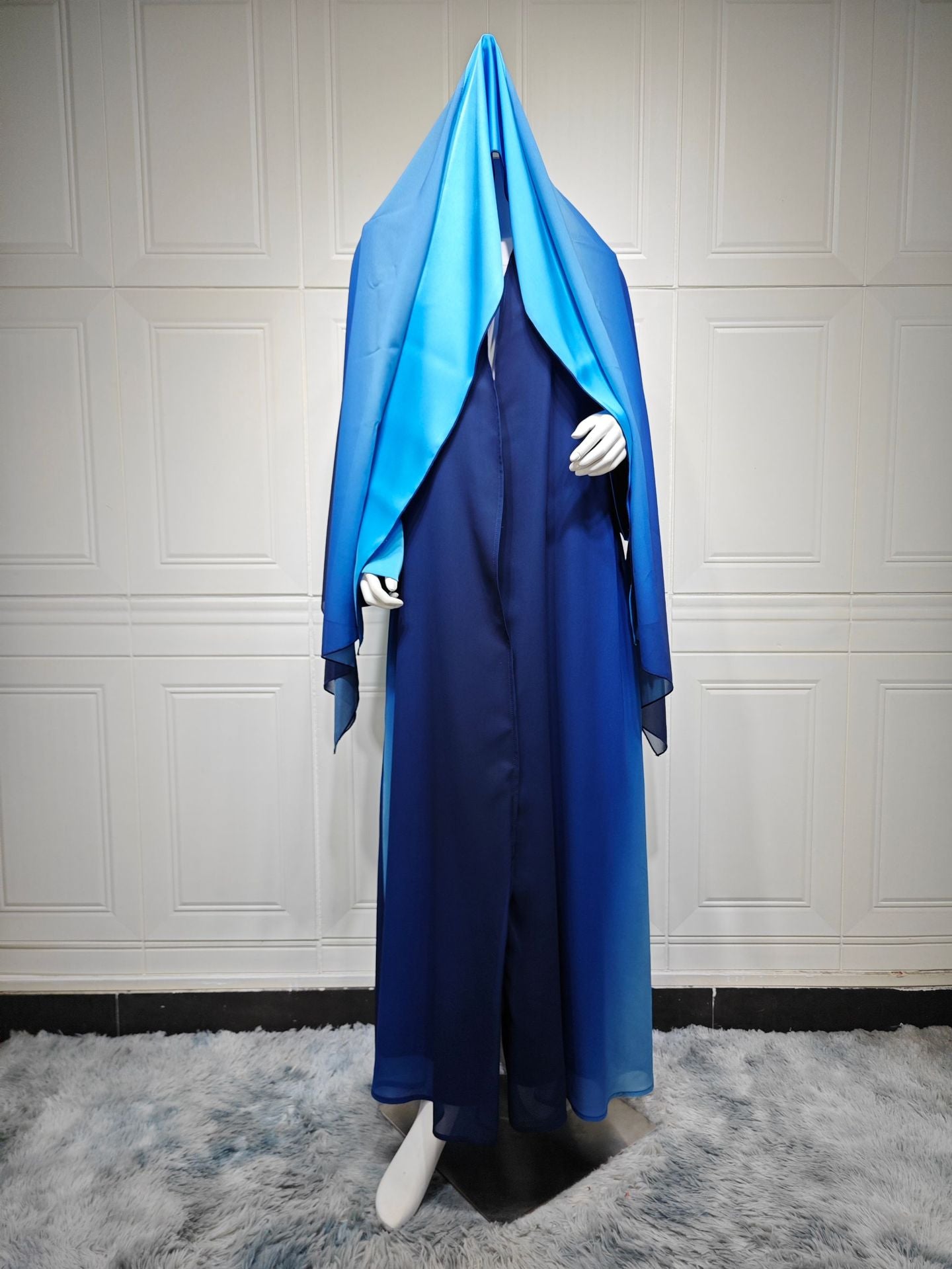 Blue and Brown Floral Print Chiffon Gradient Maxi Dress with Hijab Two-Piece Set