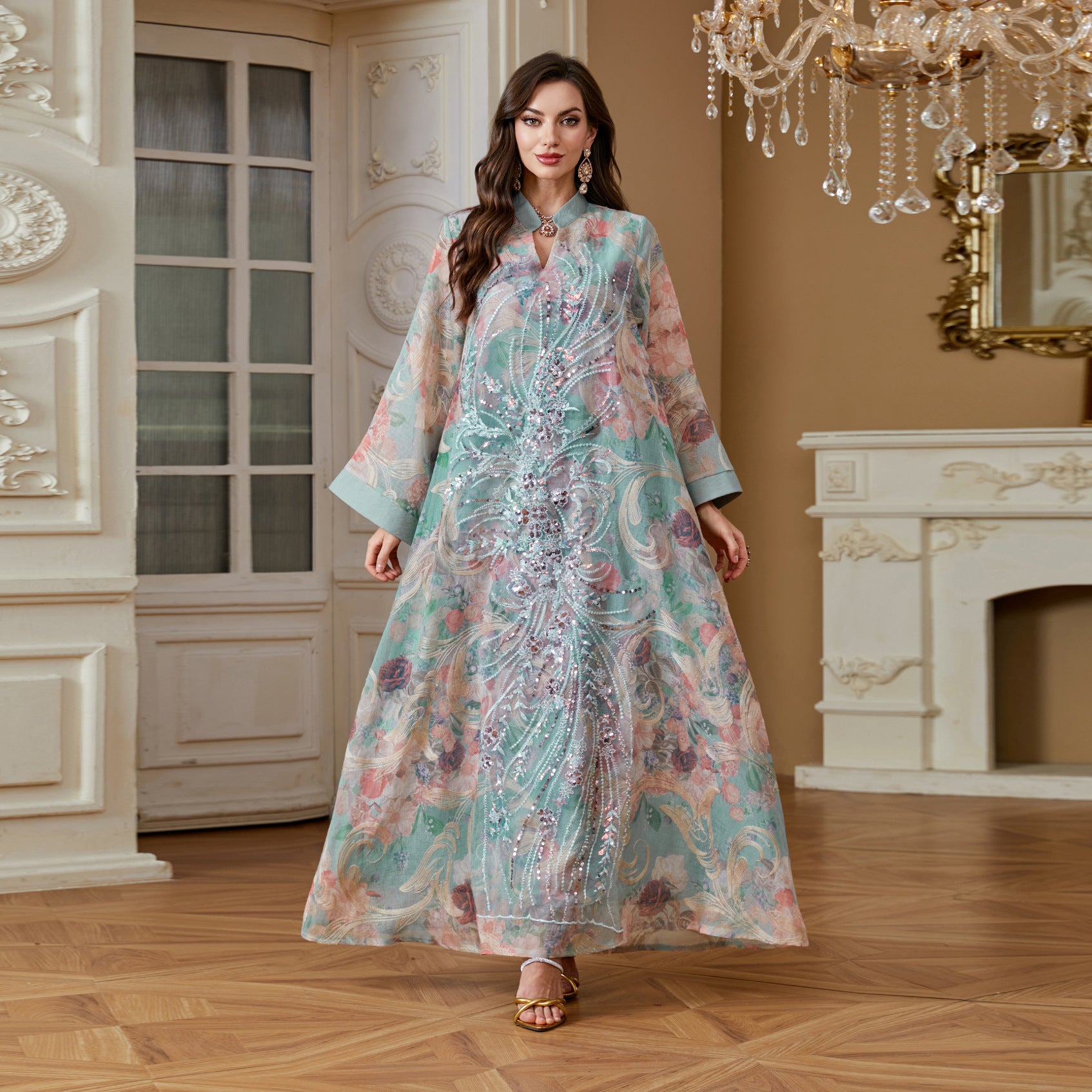 2026 Luxury Floral Print Abaya Women Hand Beaded Rhinestone Long Kaftan Stand Collar Flare Sleeve Loose Maxi Dress For Wedding Party