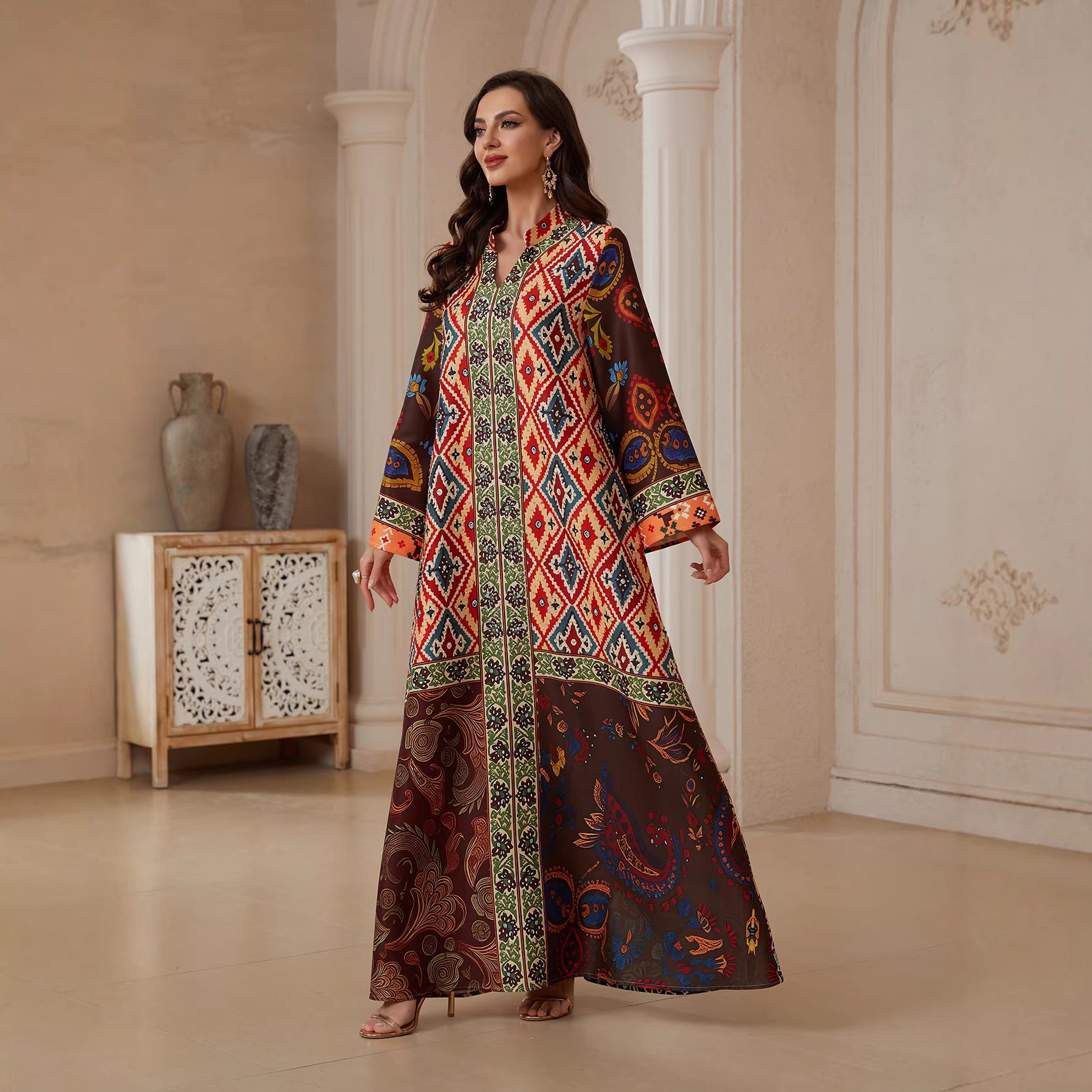 Floral Print Rhinestone Abaya Dress - Modest Muslim Ramadan Eid