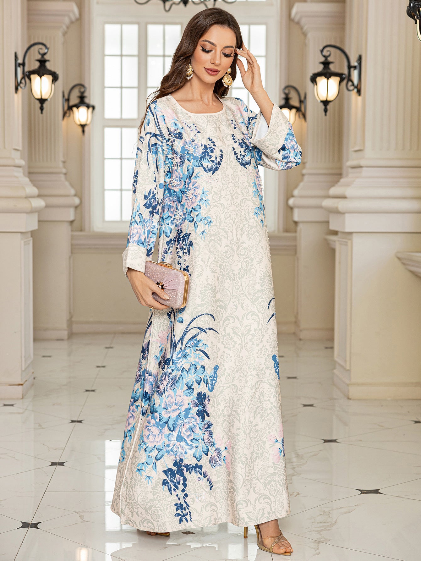 Pink Printed Long Abaya Dress - Fashion Modest Maxi Robe