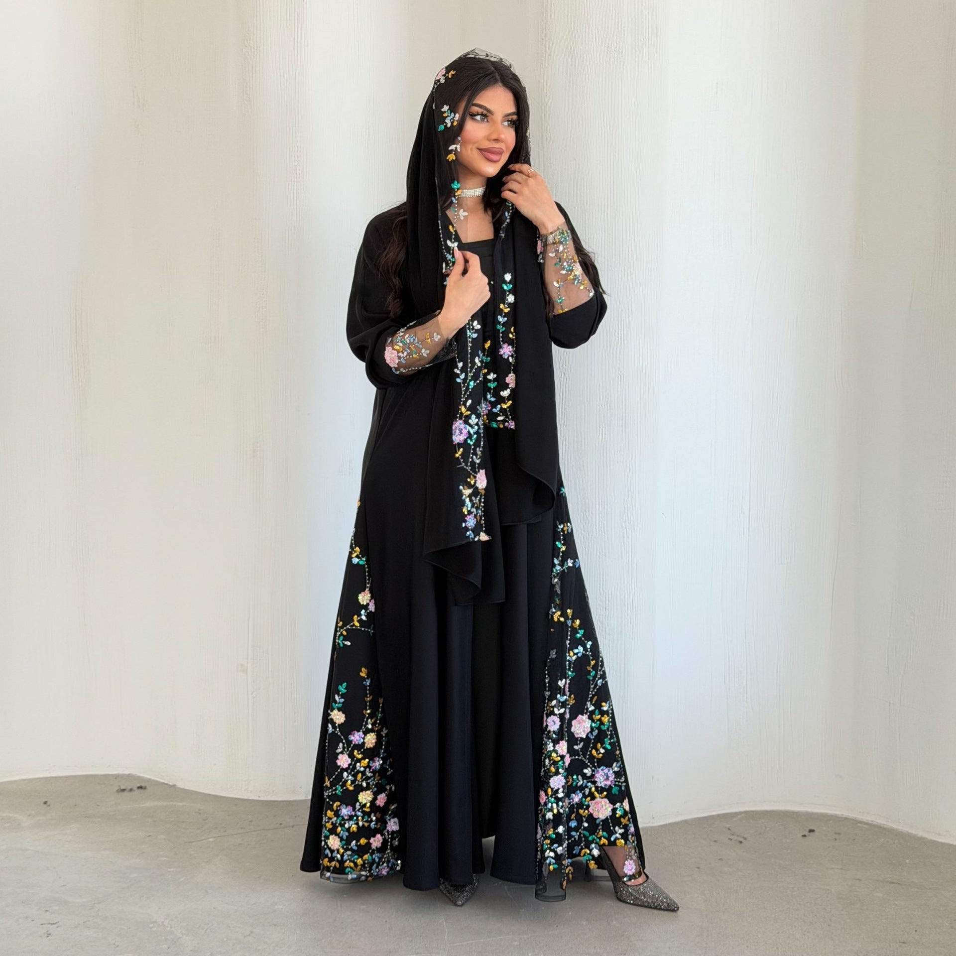 Black Floral Print Open Outerwear Long Maxi Abaya with Hijab Set