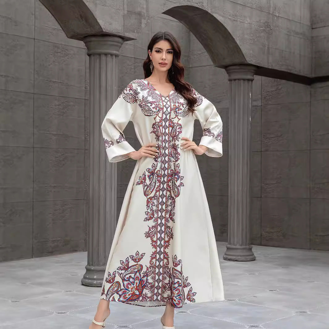 Apricot Floral Print Rhinestone Embroidered Maxi Abaya Dress