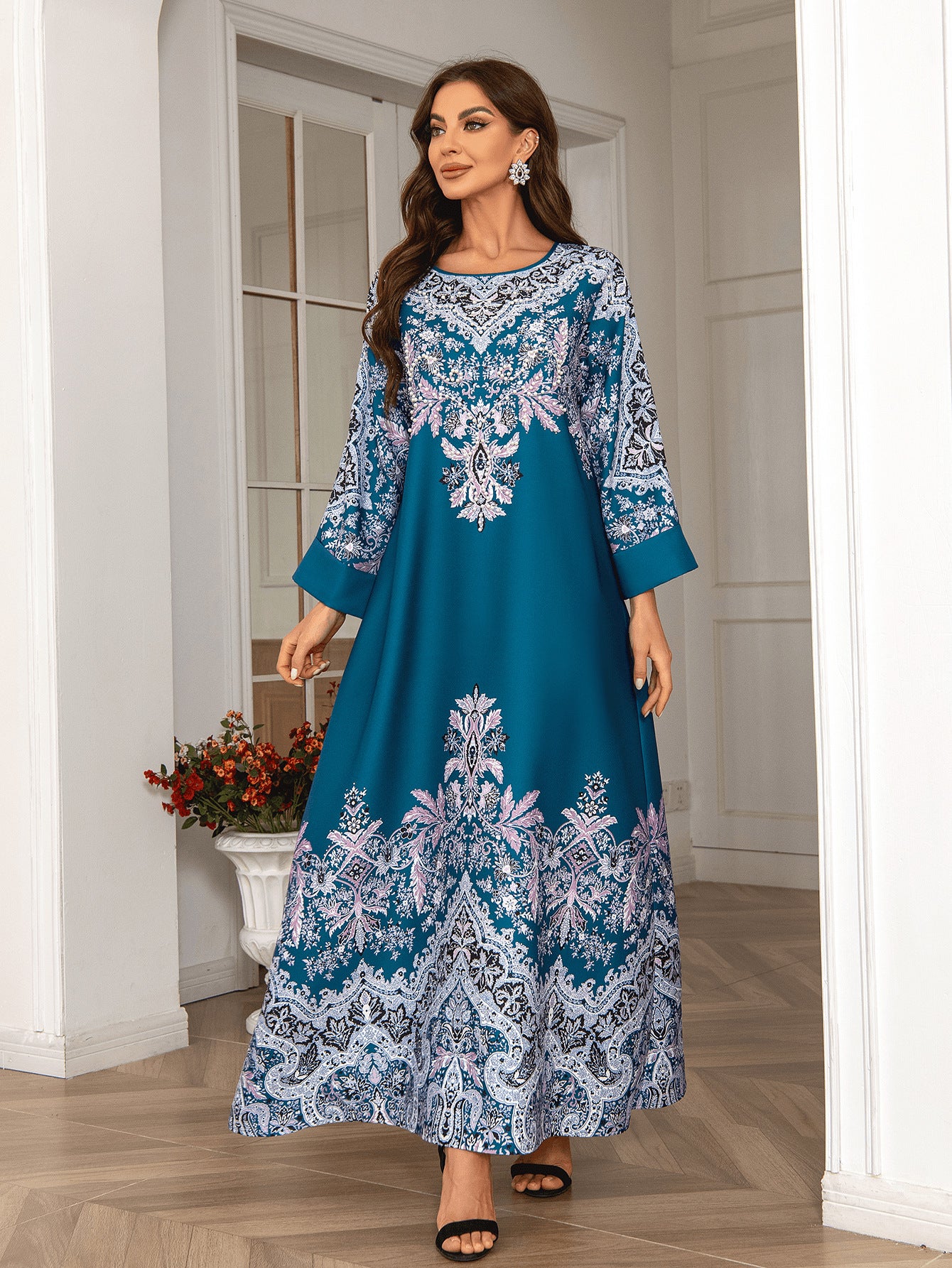 Peacock Blue Rhinestone Pleated Abaya - Elegant Modest Muslim Dress