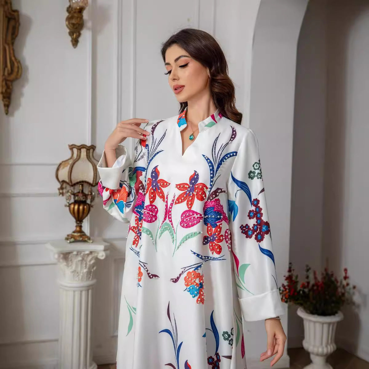 Floral Print Evening Abaya Dress - Modest Party Robe for Women