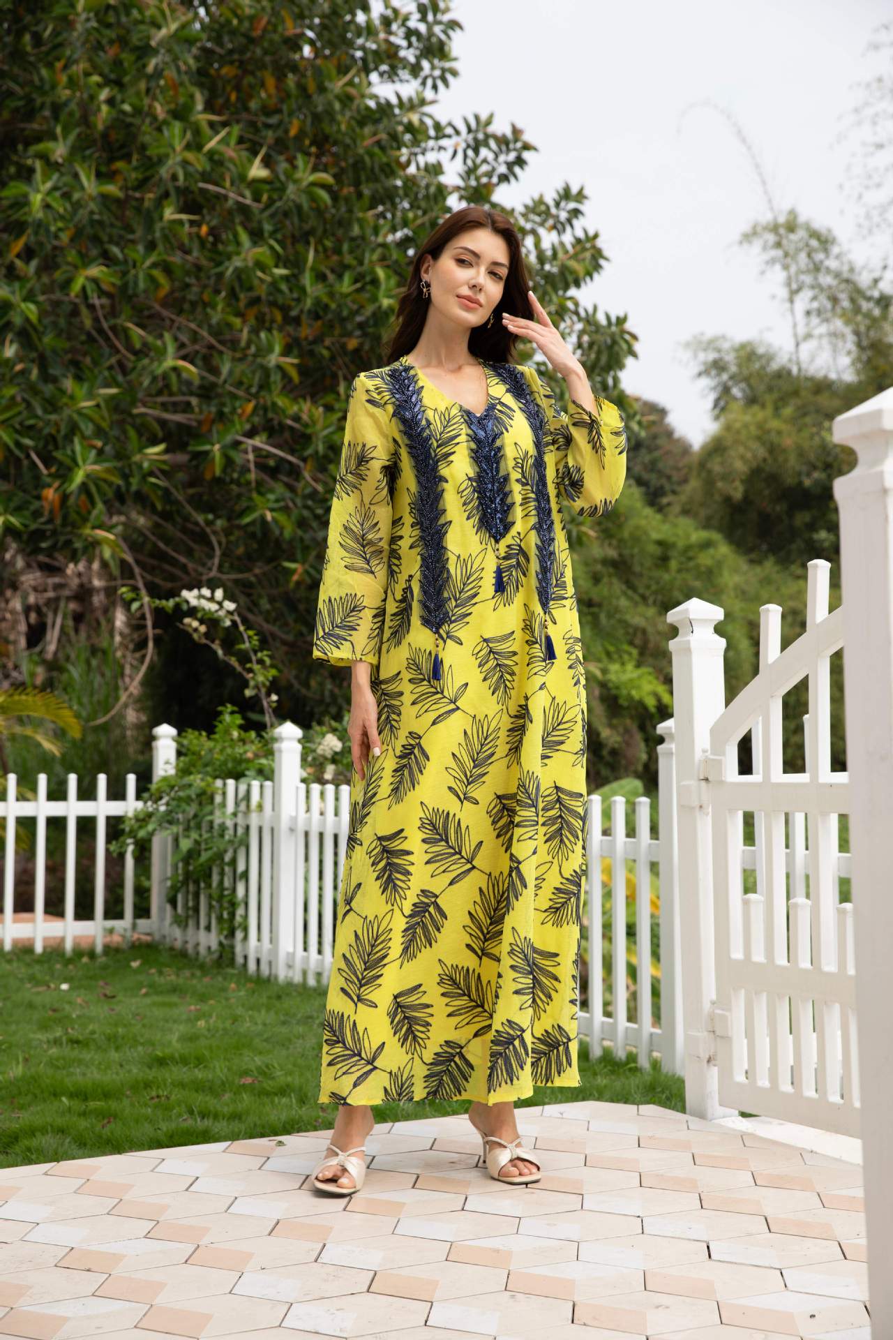 Stunning Yellow Embroidered Kaftan – Muslim Evening Gown
