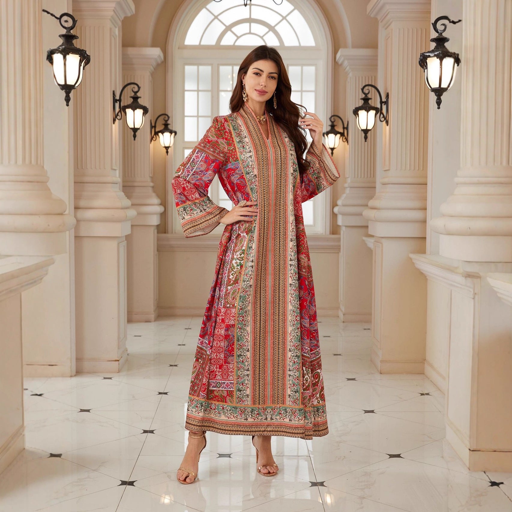 Graceful Red Boho Abaya – Printed Muslim Maxi Dress for Eid