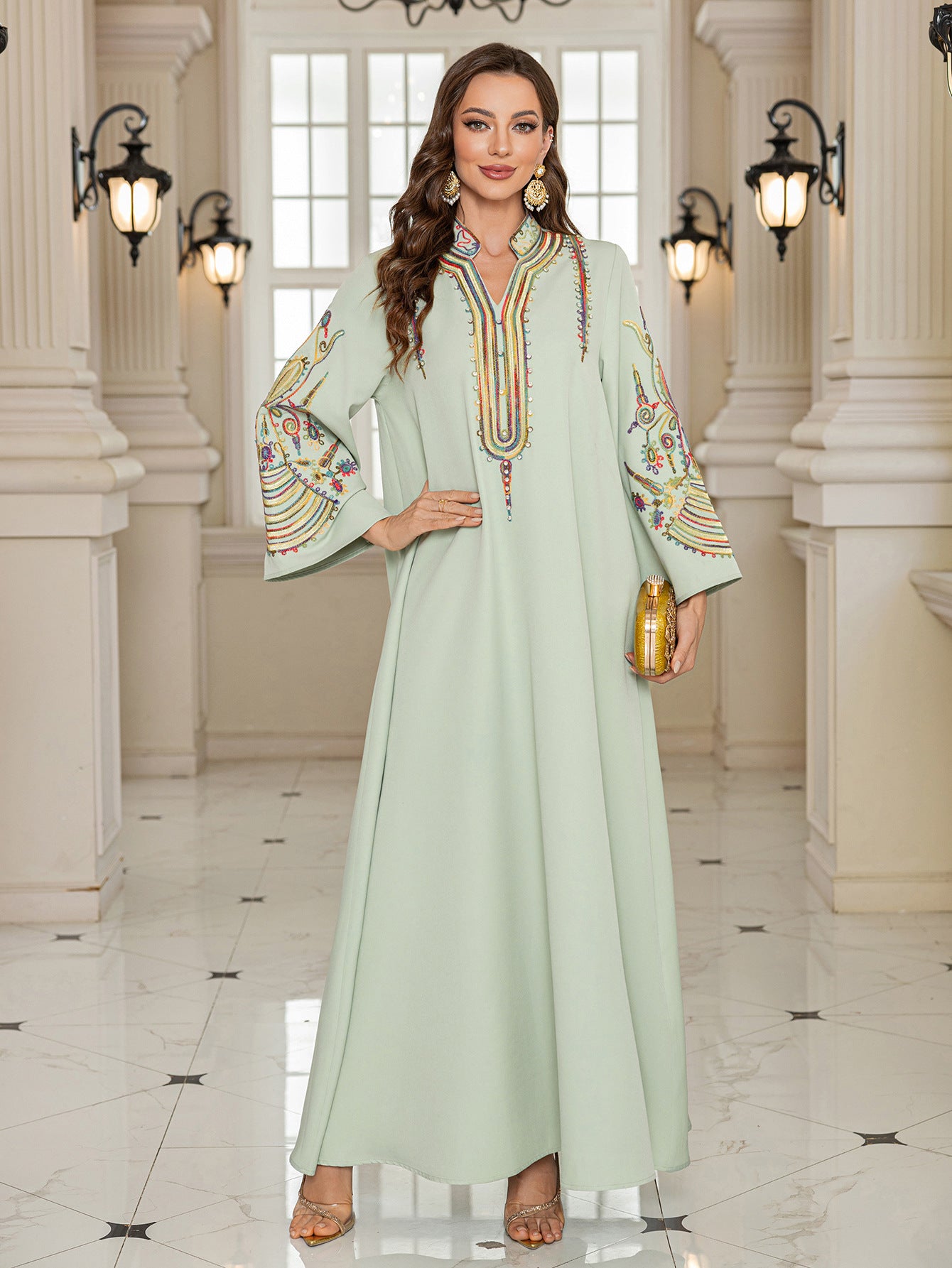 Dubai Islamic Modest Abaya Light Green V Neck Vibrant Multicolor Embroidery Wide Bell Sleeve Oversized Kaftan Gown For Muslim Ladies Holiday Party