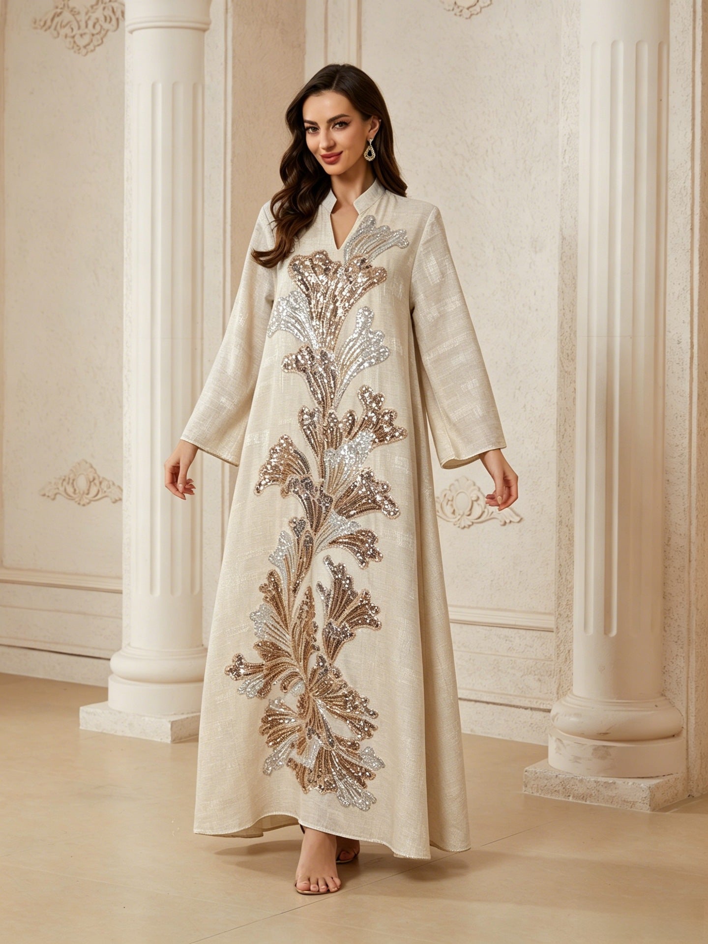 Apricot Grey Lotus Sequin Embroidered Draped Plus Size Gown Jalabiya Modest Long Maxi Dress for Muslim Women Eid Ramadan