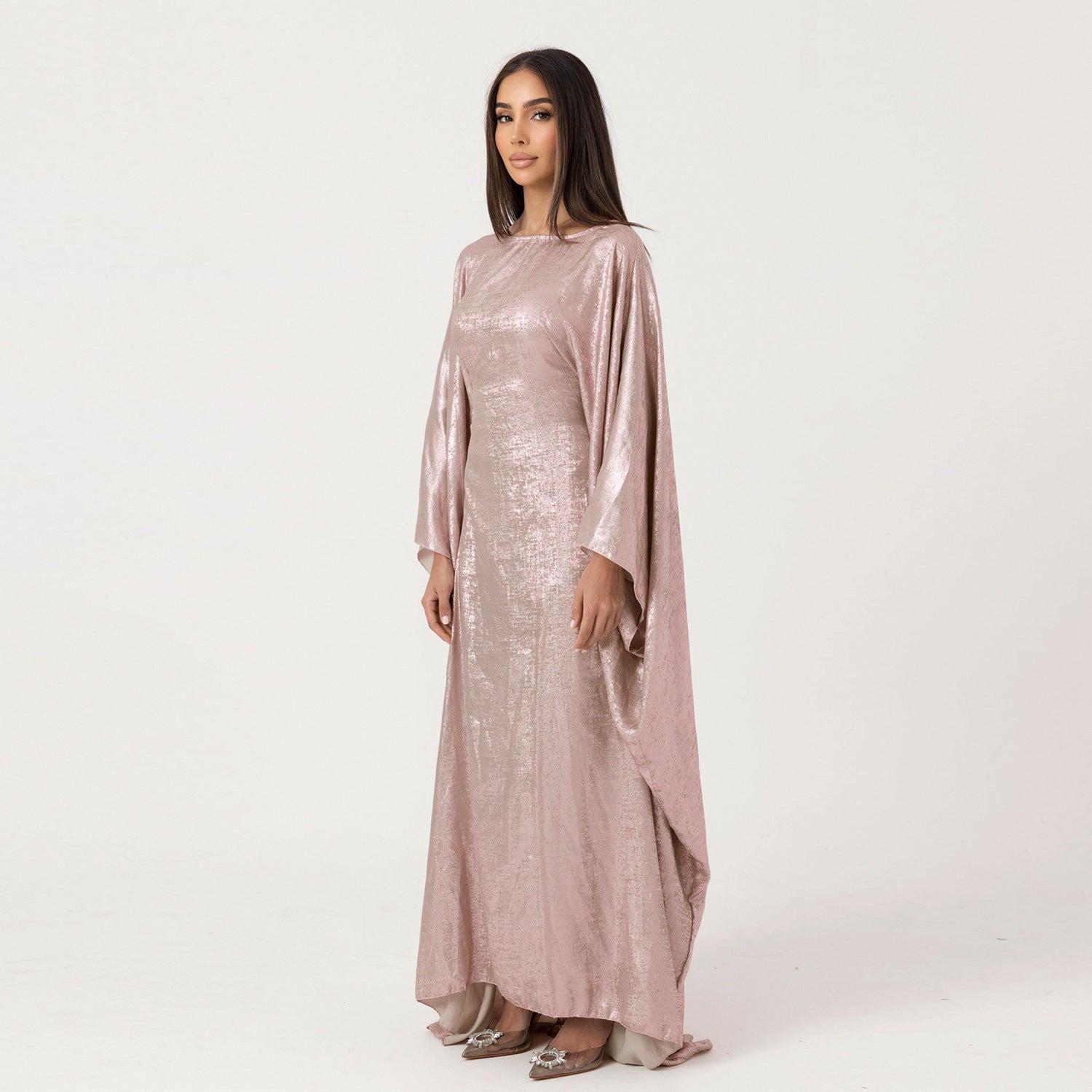 Coffee and Pink Gold Foil Batwing Sleeve Round Neck Maxi Abaya Dress - Free Size