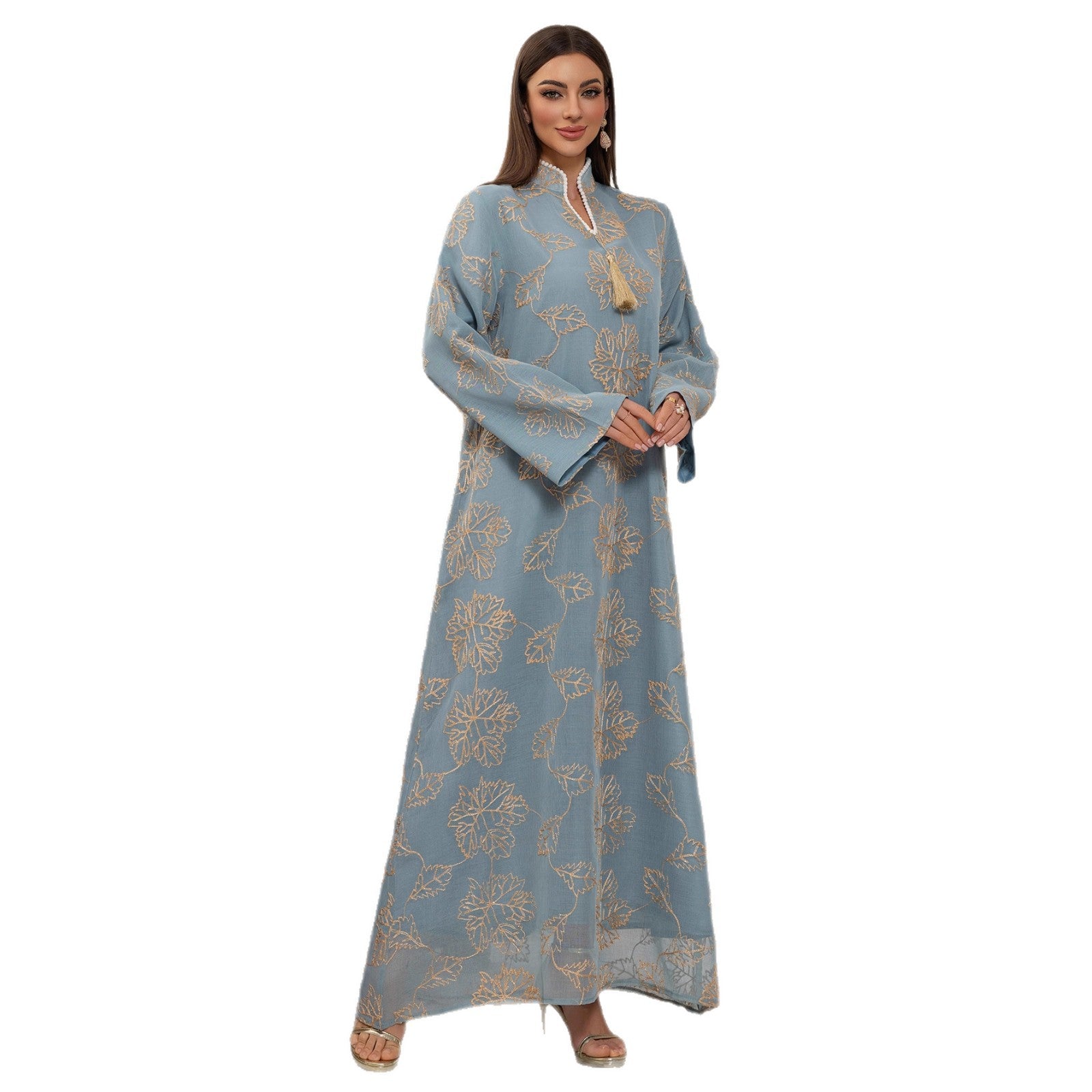 Fringed Leaf Embroidered Mesh Kaftan Dress Jalabiya Modest Long Maxi Dress for Muslim Women Eid Ramadan Daily Wear S-XXL