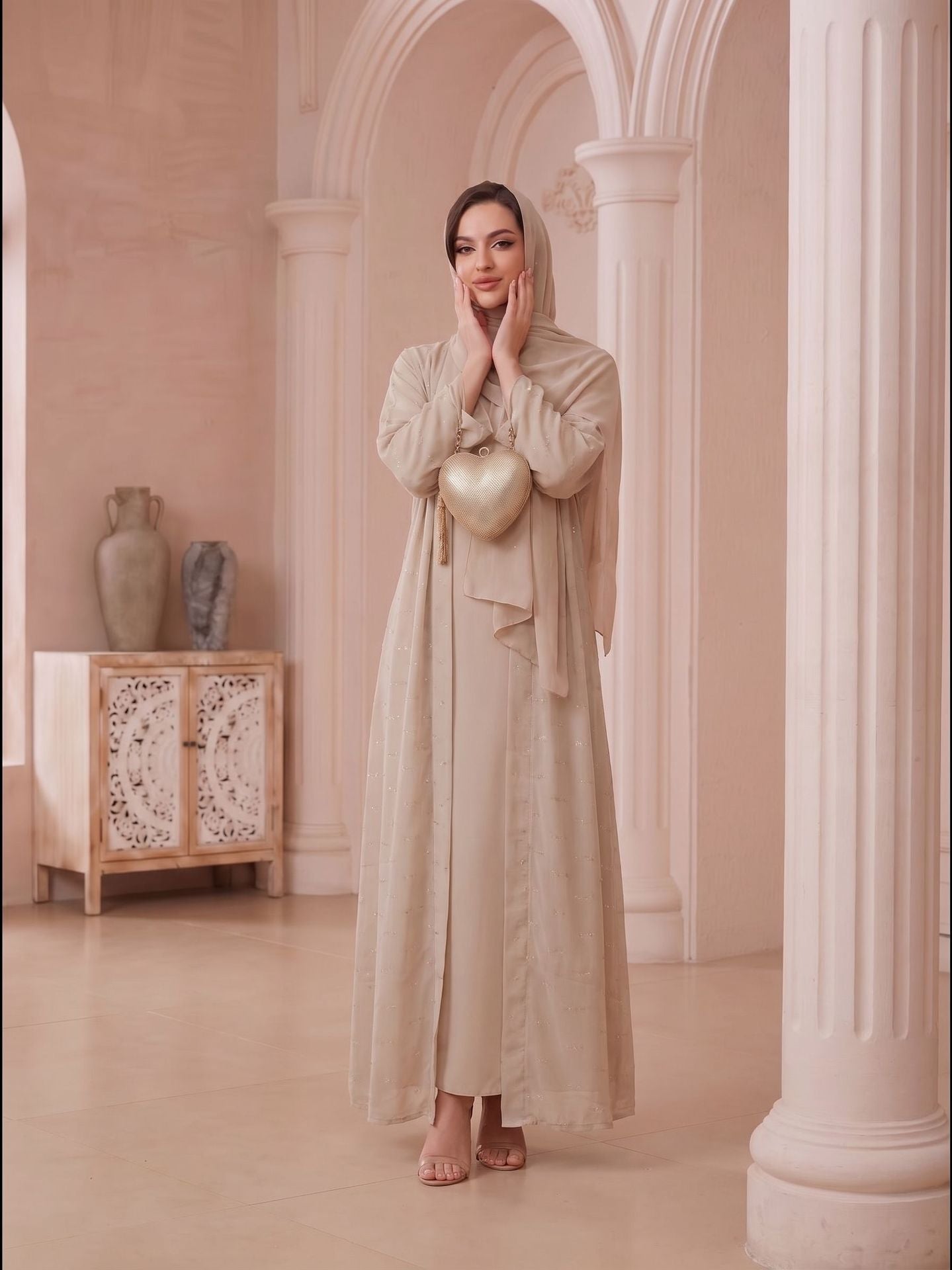 Apricot Black V-Neck Beaded Open Abaya with Hijab Set