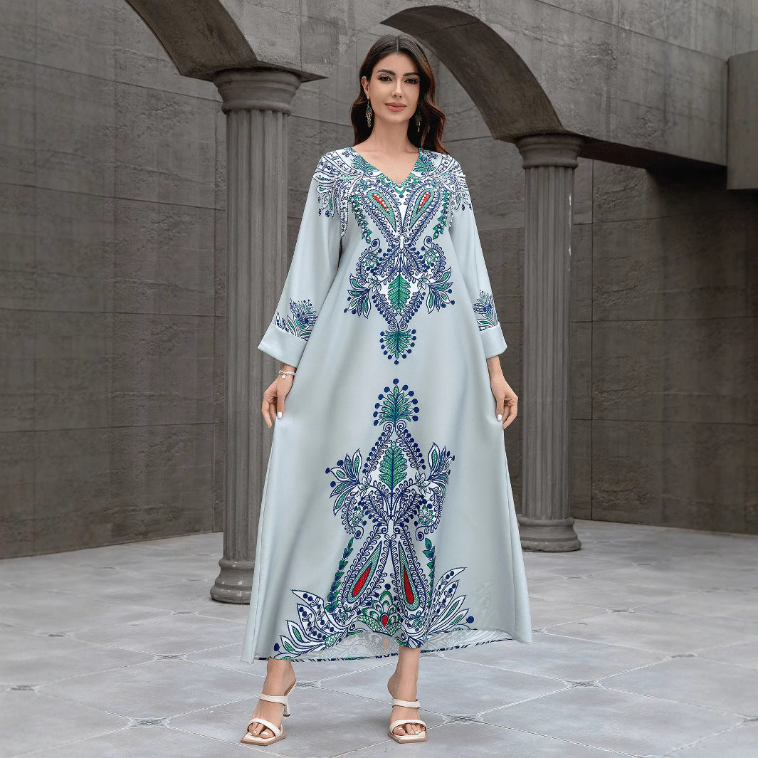 Light Blue Floral Print Rhinestone Embroidered Maxi Abaya Dress