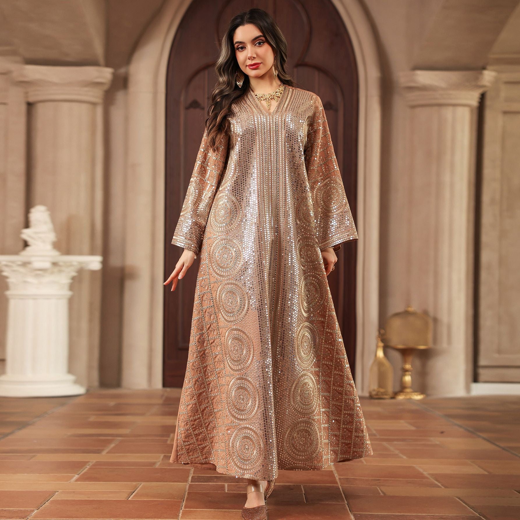 Elegant V Neck Muslim Formal Jalabiya Full Width Circular Sequin Embroidery Relaxed Wide Flare Sleeve Long Glitter Gown 3 Shades All Occasion Eid Holiday Wear