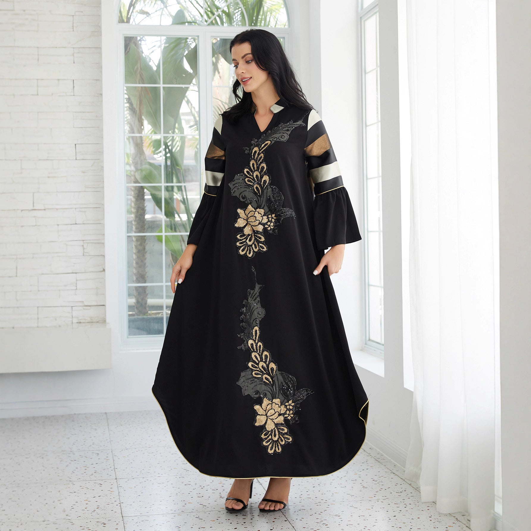 Gulf Islamic Modest Long Robe Black Base Vertical Vintage Gold Flower Sequin Embroidery Notch V Collar Multicolor Color Block Striped Wide Flare Cuff Oversize Irregular Hem Dubai Abaya For Ladies Formal Evening Occasion