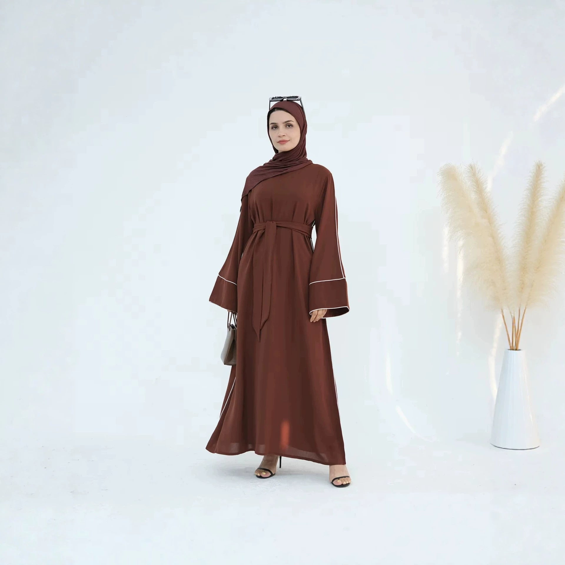 Coffee and Green Tie-Waist Maxi Abaya Dress with Belt