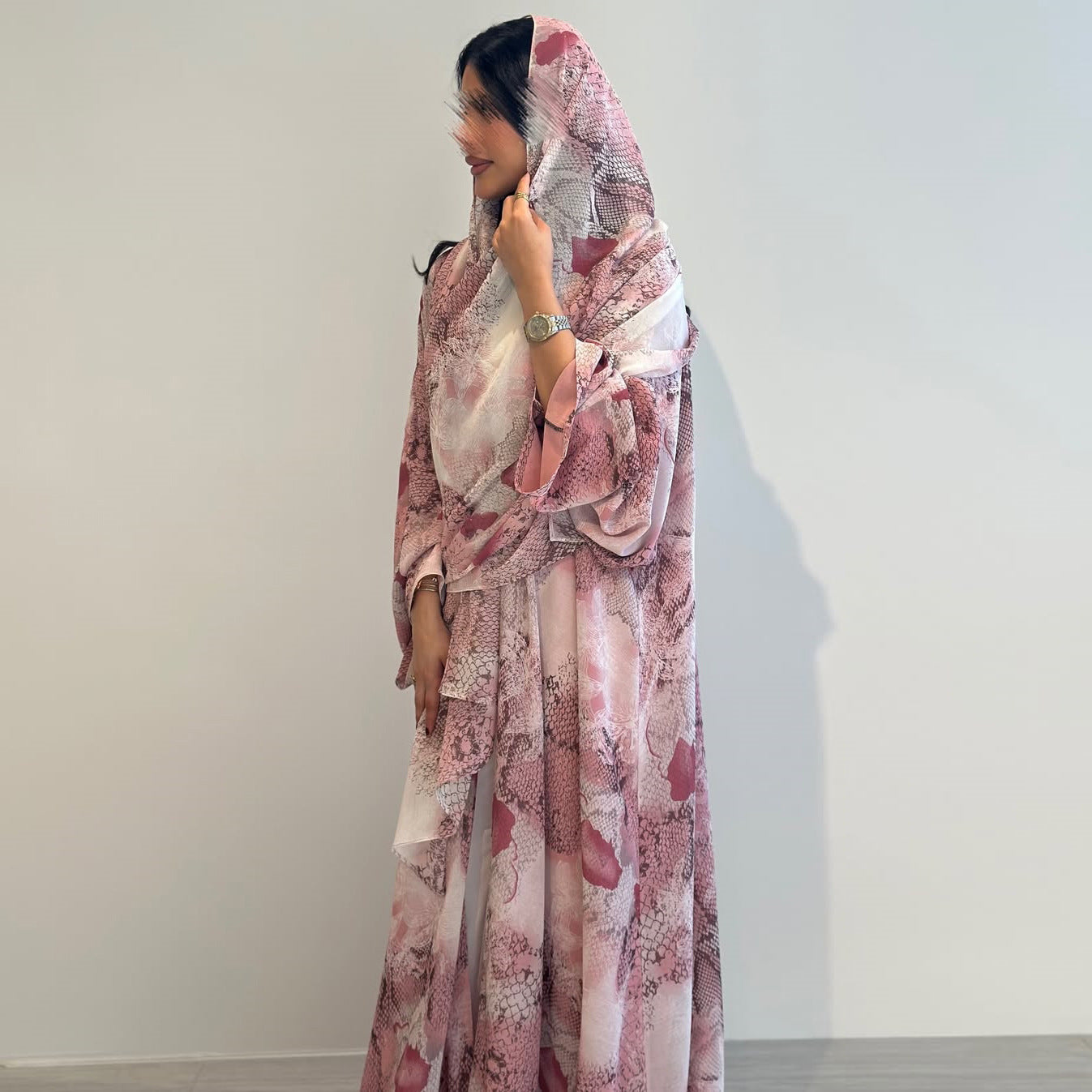 Pink Chiffon Floral Print Open Outerwear Maxi Dress with Hijab Two-Piece Set