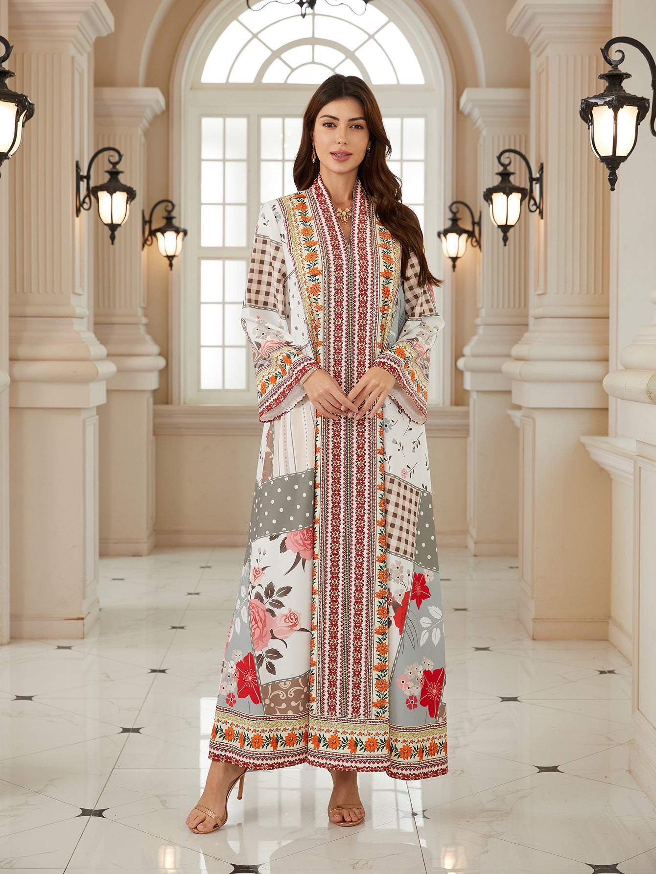 Elegant Floral V-Neck Abaya – Rhinestone Modest Maxi Dress