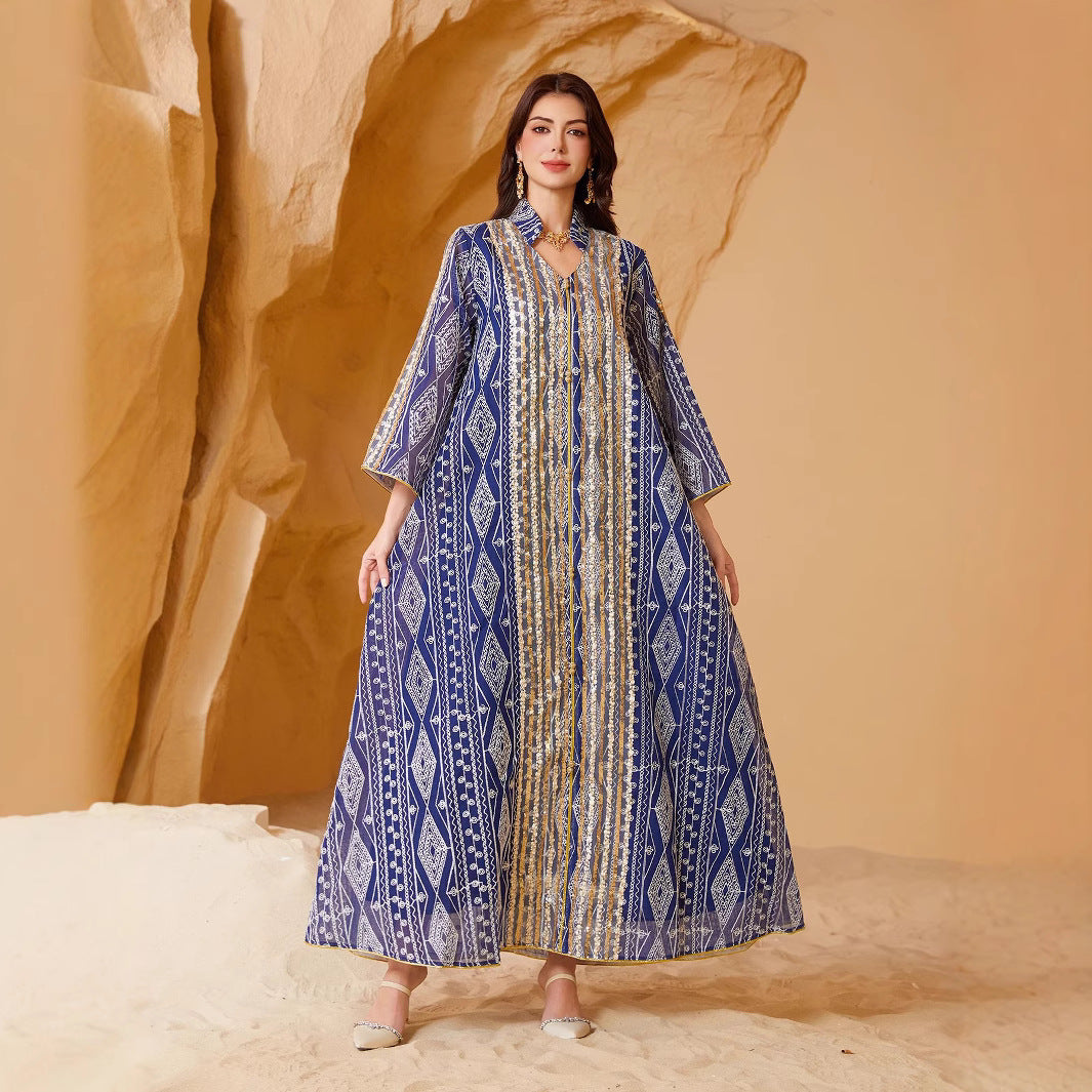 Graceful Two-Tone Sequin Beaded Maxi Abaya Gown Muslim Eid Ramadan