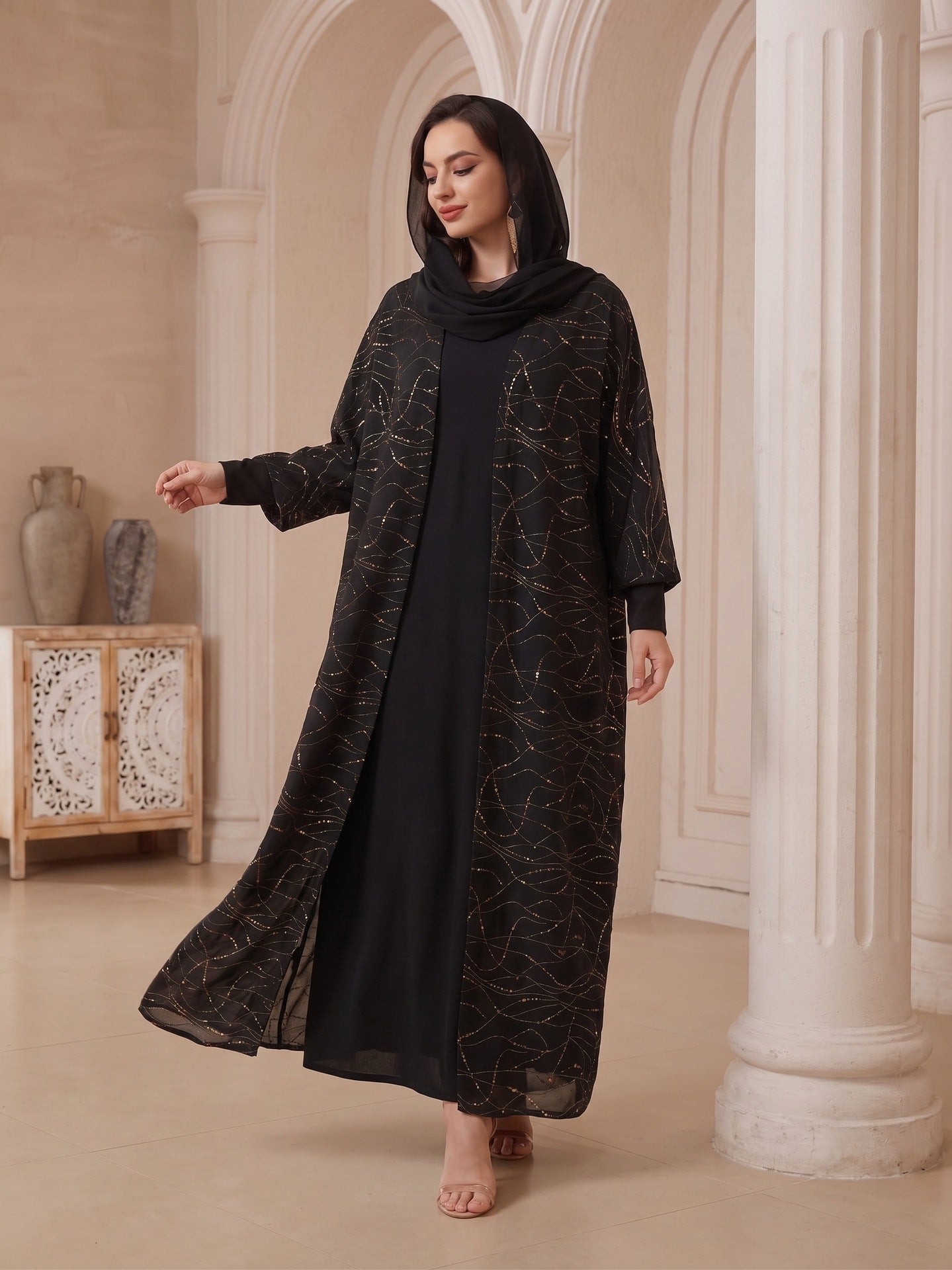 Black Peacock Green Open Outerwear with Hijab Set