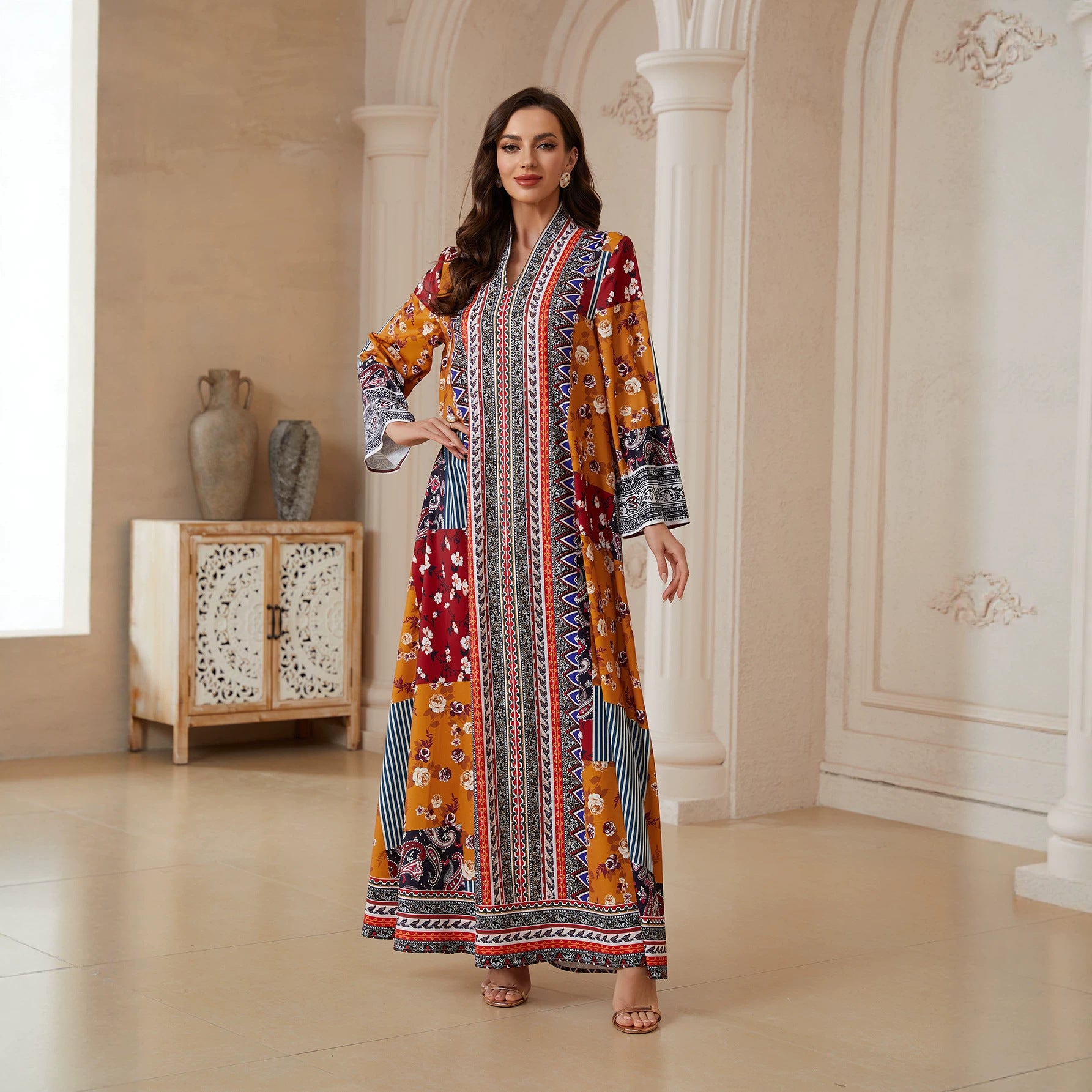 Floral Long Sleeve Ethnic Abaya - Modest Muslim Dress Ramadan Eid