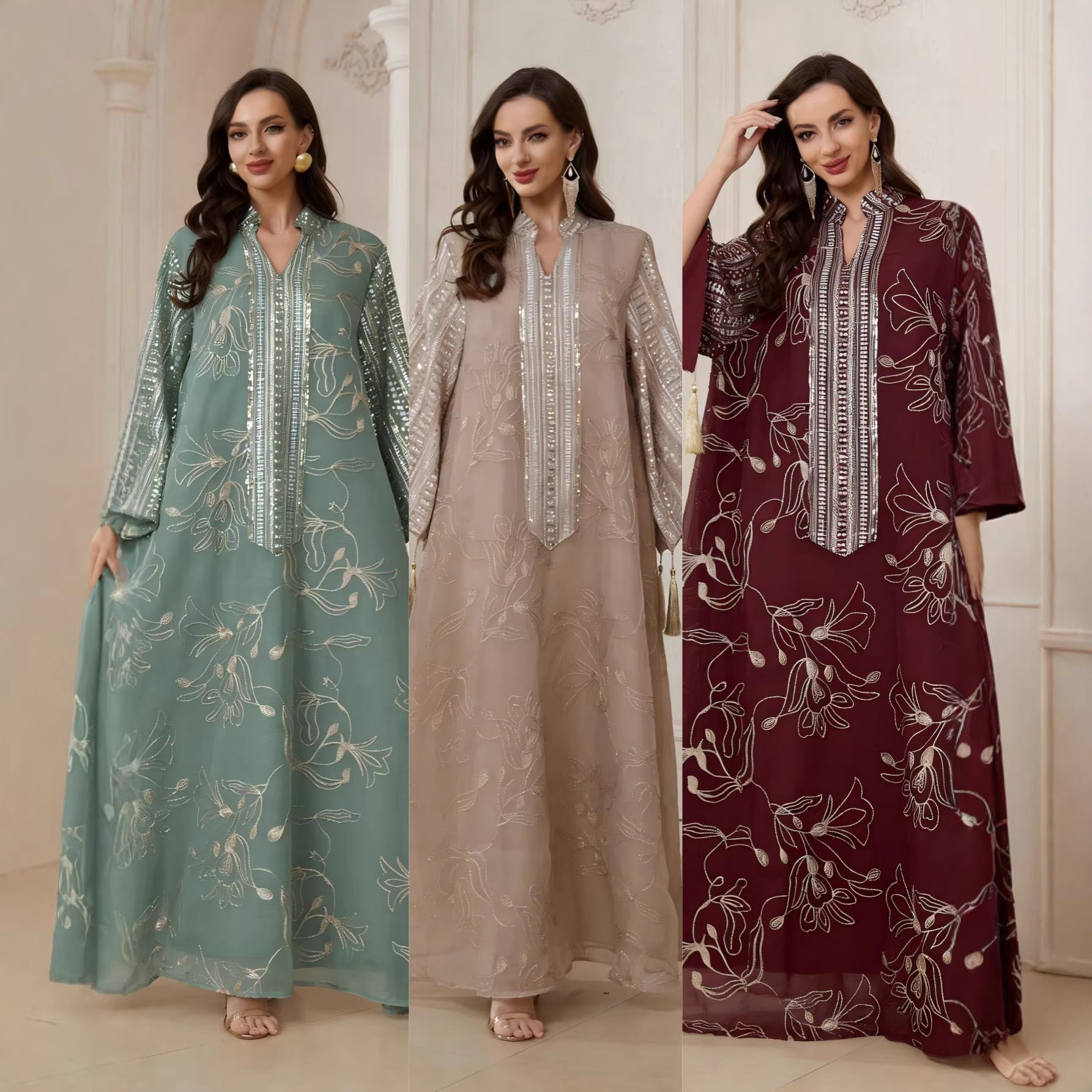 Sage Green Nude Burgundy 3 Tone Embroidered Muslim Maxi Dress Sequin Sleeve Flowy Chiffon Ramadan Vacation Robe