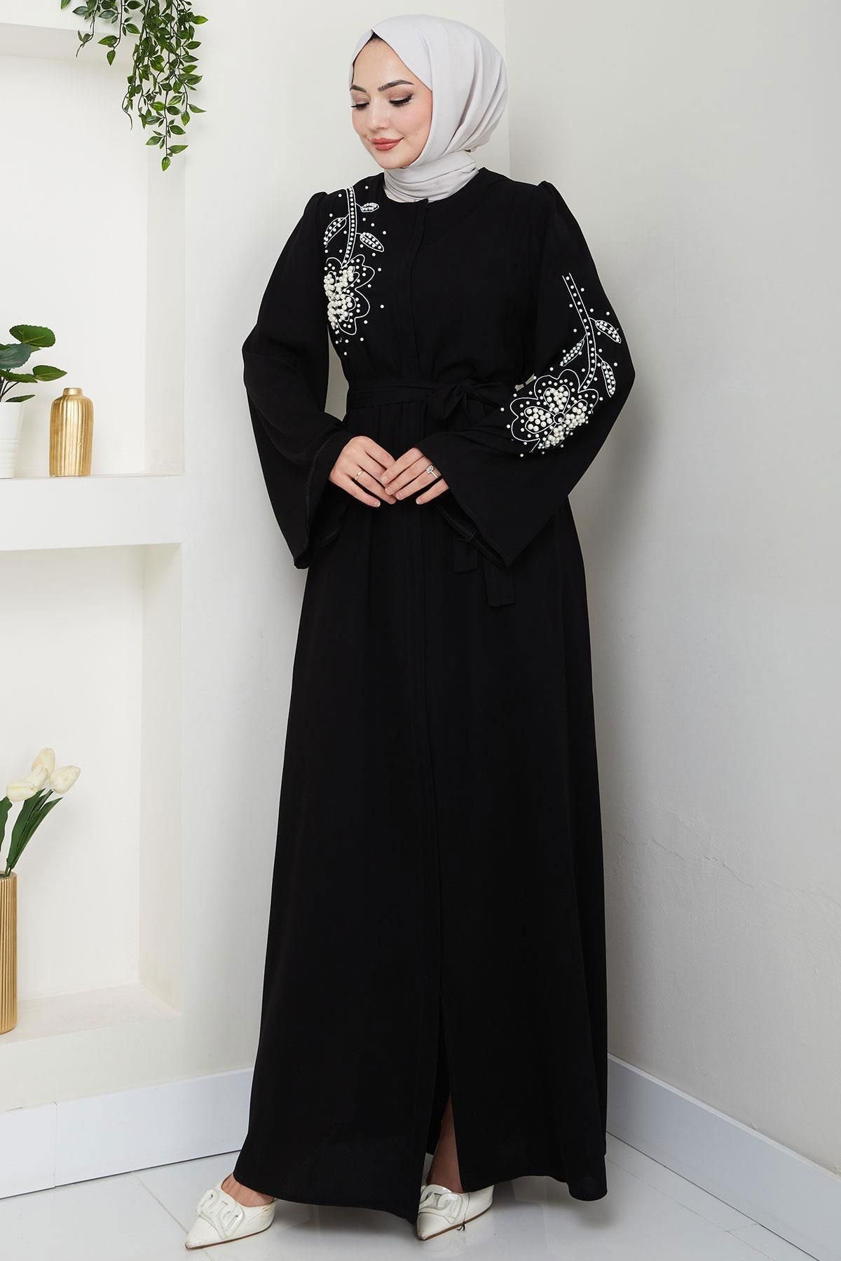 Black Zippered Embroidered Open Outerwear Maxi Abaya Dress Jalabiya Modest Long Dress for Eid Ramadan Evening Party Gown S-XXL