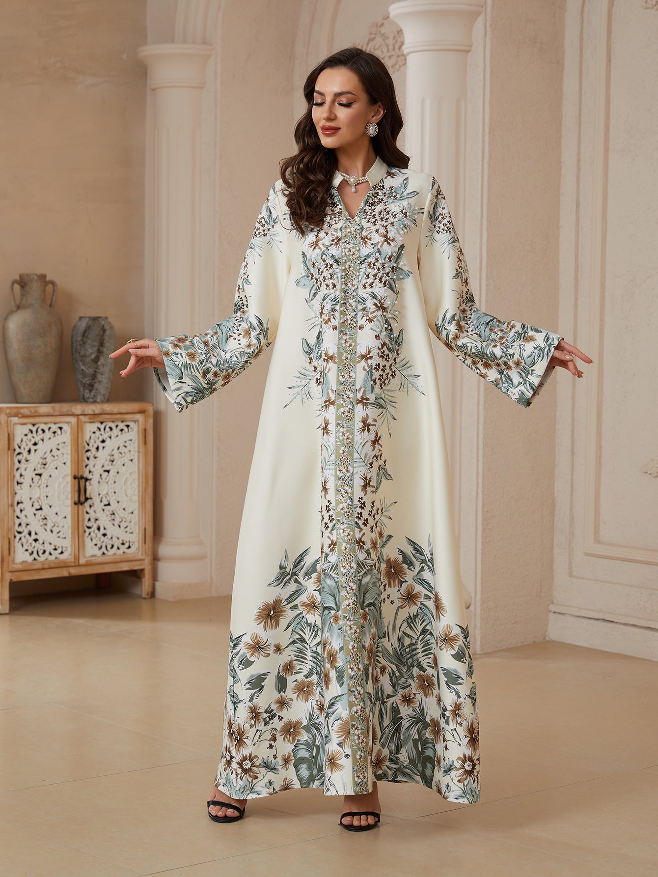 Confident Light Yellow Print Kaftan – Modest Muslim Plus-Size Maxi