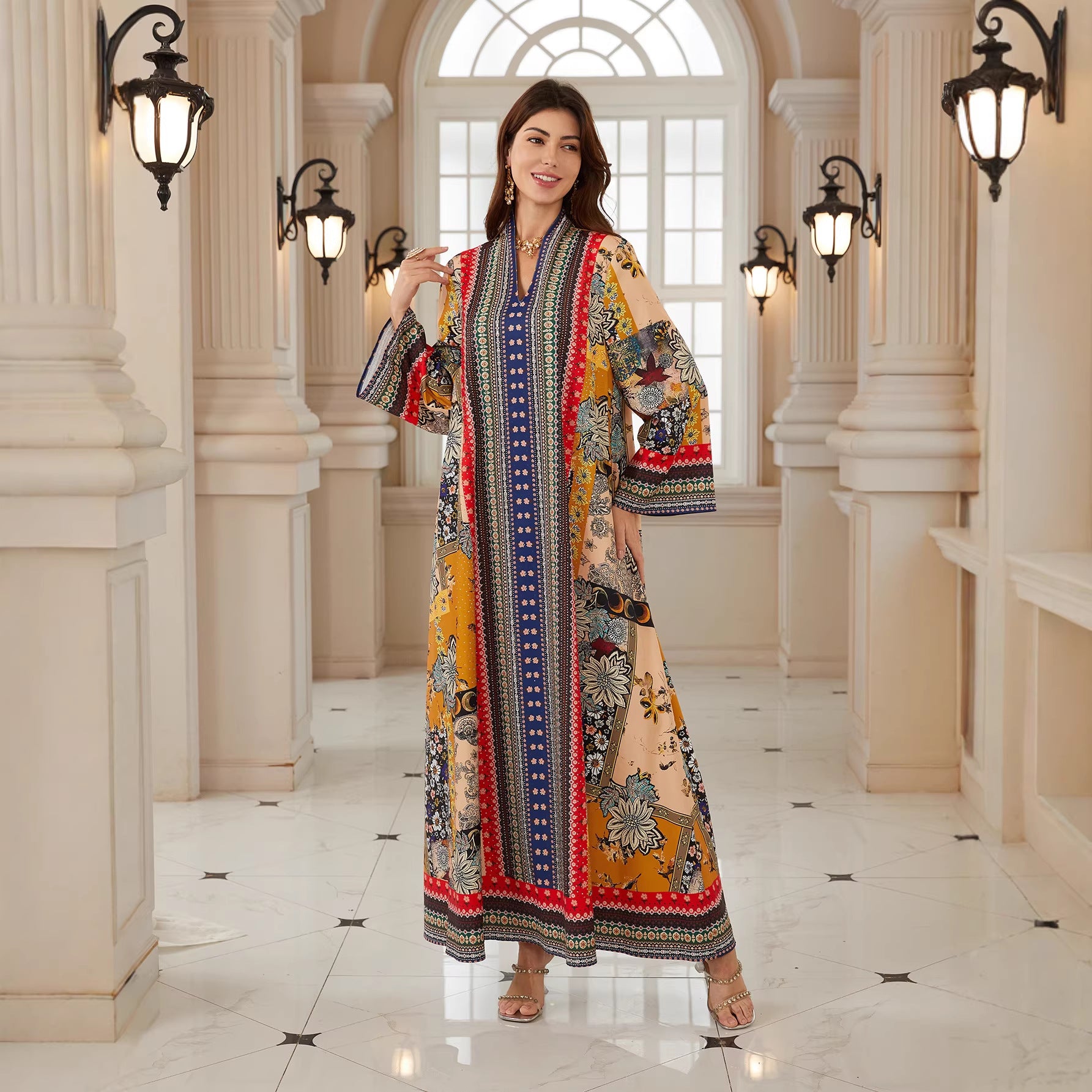 Charming Floral Jalabiya – V-Neck Long-Sleeve Modest Dress