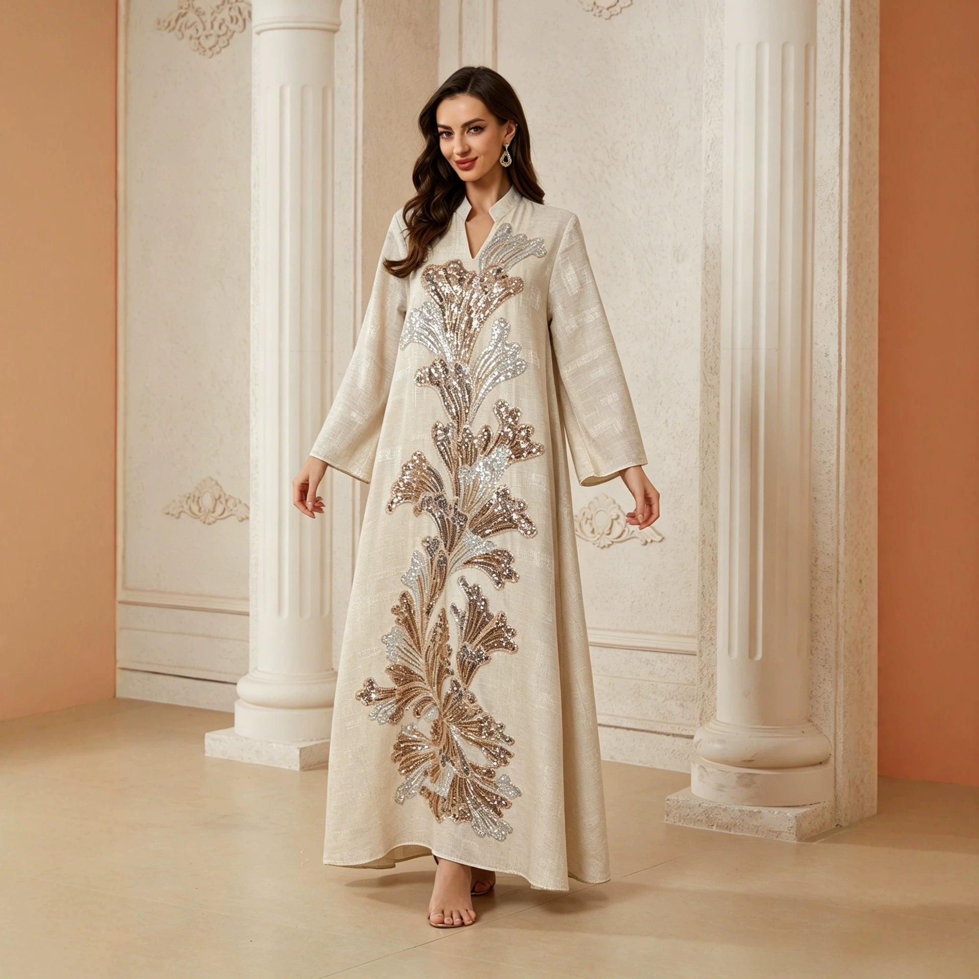 Apricot Grey Lotus Sequin Embroidered Draped Plus Size Gown Jalabiya Modest Long Maxi Dress for Muslim Women Eid Ramadan