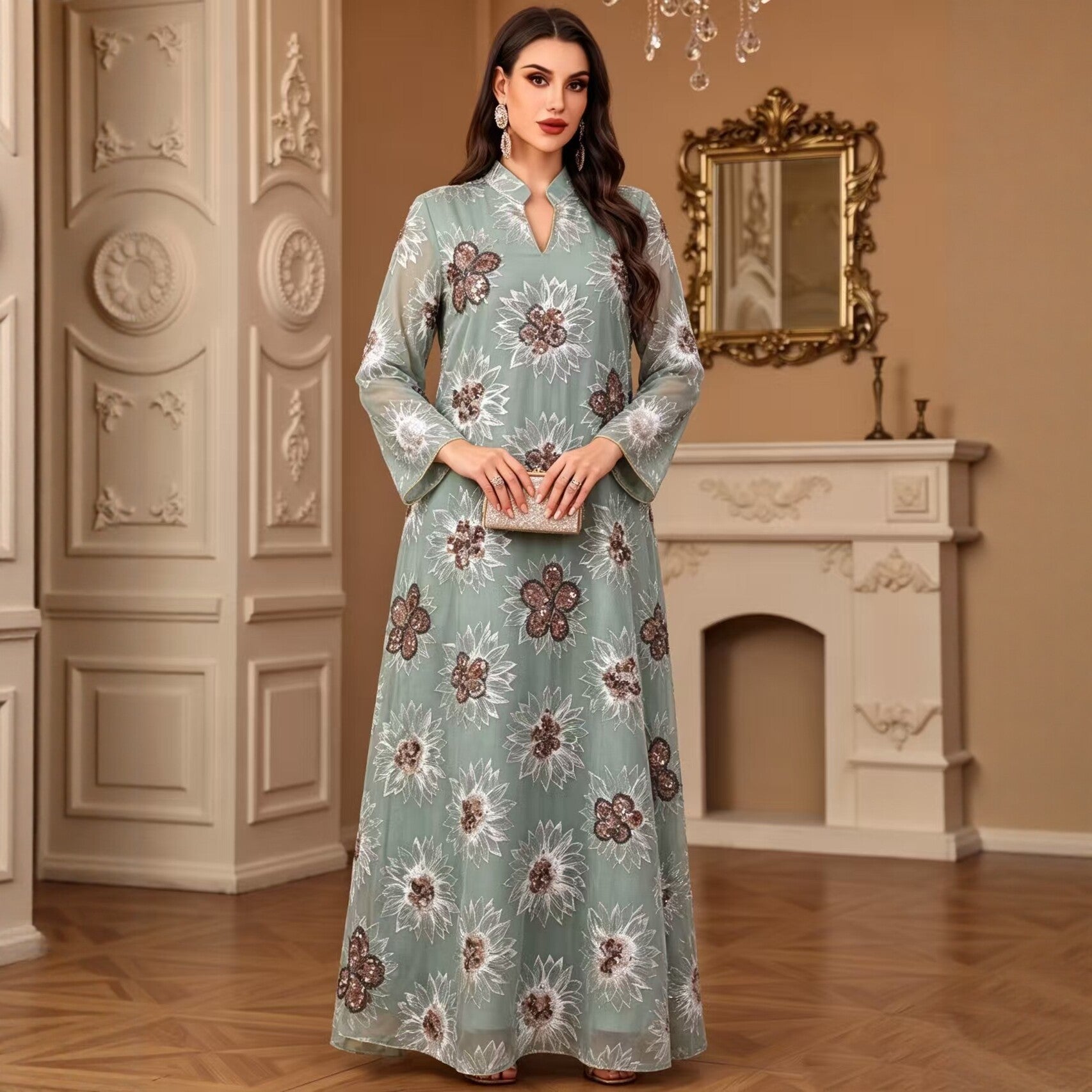 Green Lotus Pink White V-Neck Beaded Ethnic Print Maxi Abaya Dress