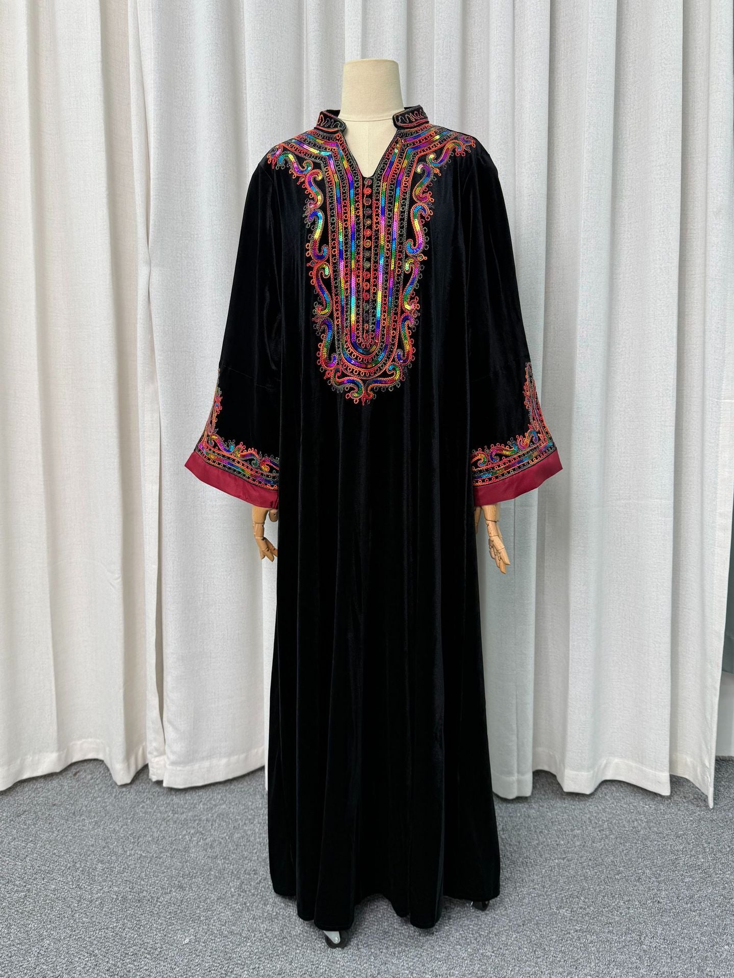 Navy and Black Ethnic Rhinestone Applique Embroidered Maxi Abaya Dress