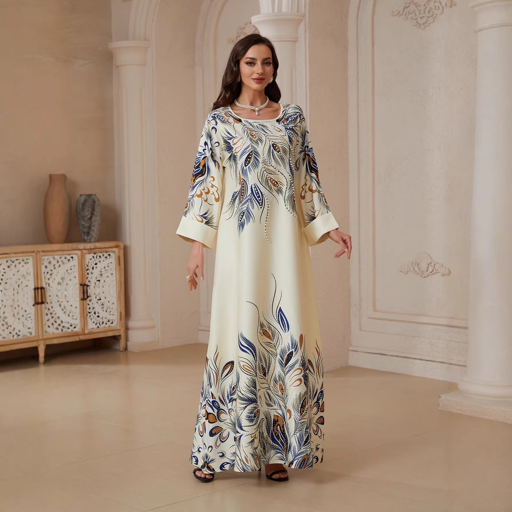 Women Round Neck Gradient Peacock Feather Print Abaya Cuff Long Sleeve Maxi Jalabiya Cream Matte Crepe Ethnic Modest Gown For Eid Mubarak Ramadan Wedding Evening Party
