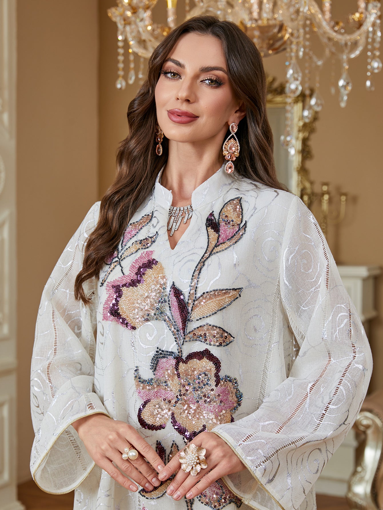 Women Stand Collar White Abaya Subtle Rose Jacquard Fabric Vertical Large Floral Sequin Embroidery Loose Wide Sleeve Maxi Kaftan Dress For Wedding Ramadan Formal Gala
