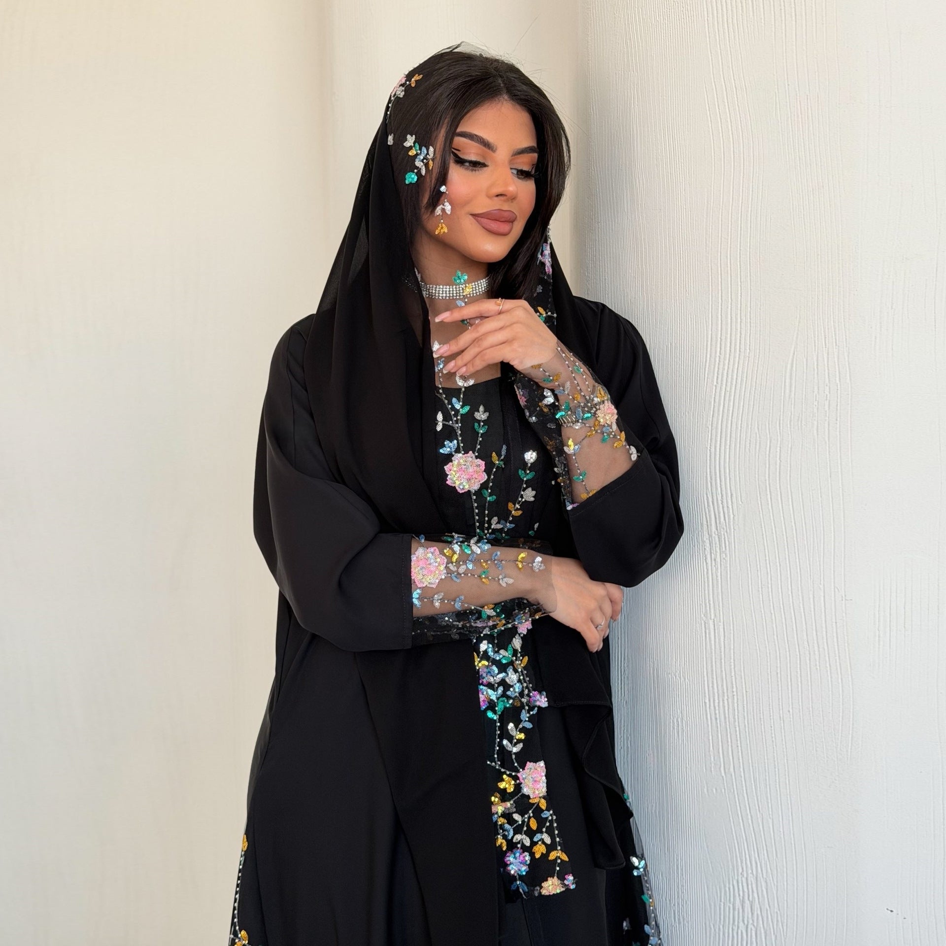 Black Floral Print Open Outerwear Long Maxi Abaya with Hijab Set