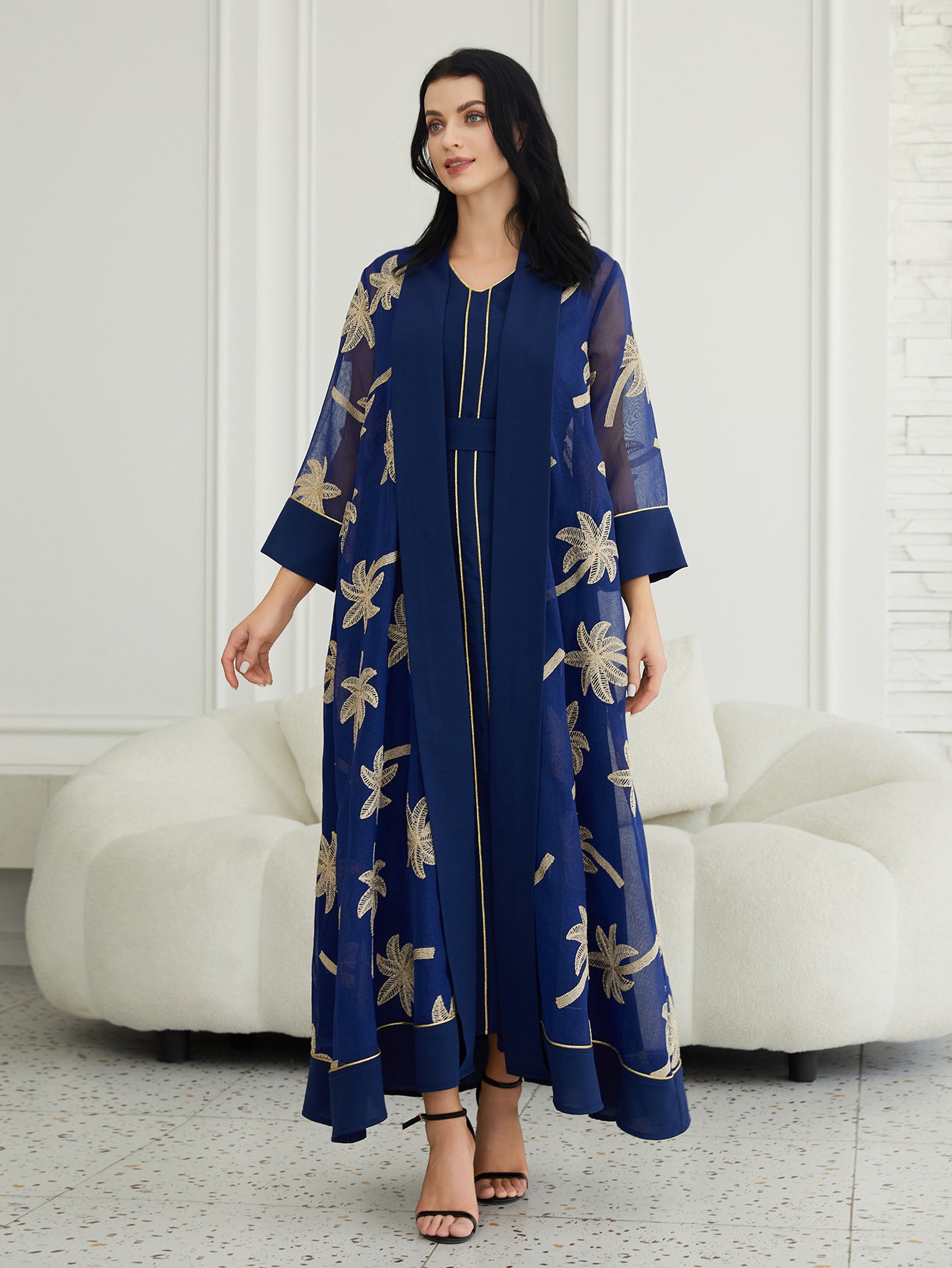 Refined Navy & White 2-Piece Abaya Set – Modest Open Cardigan
