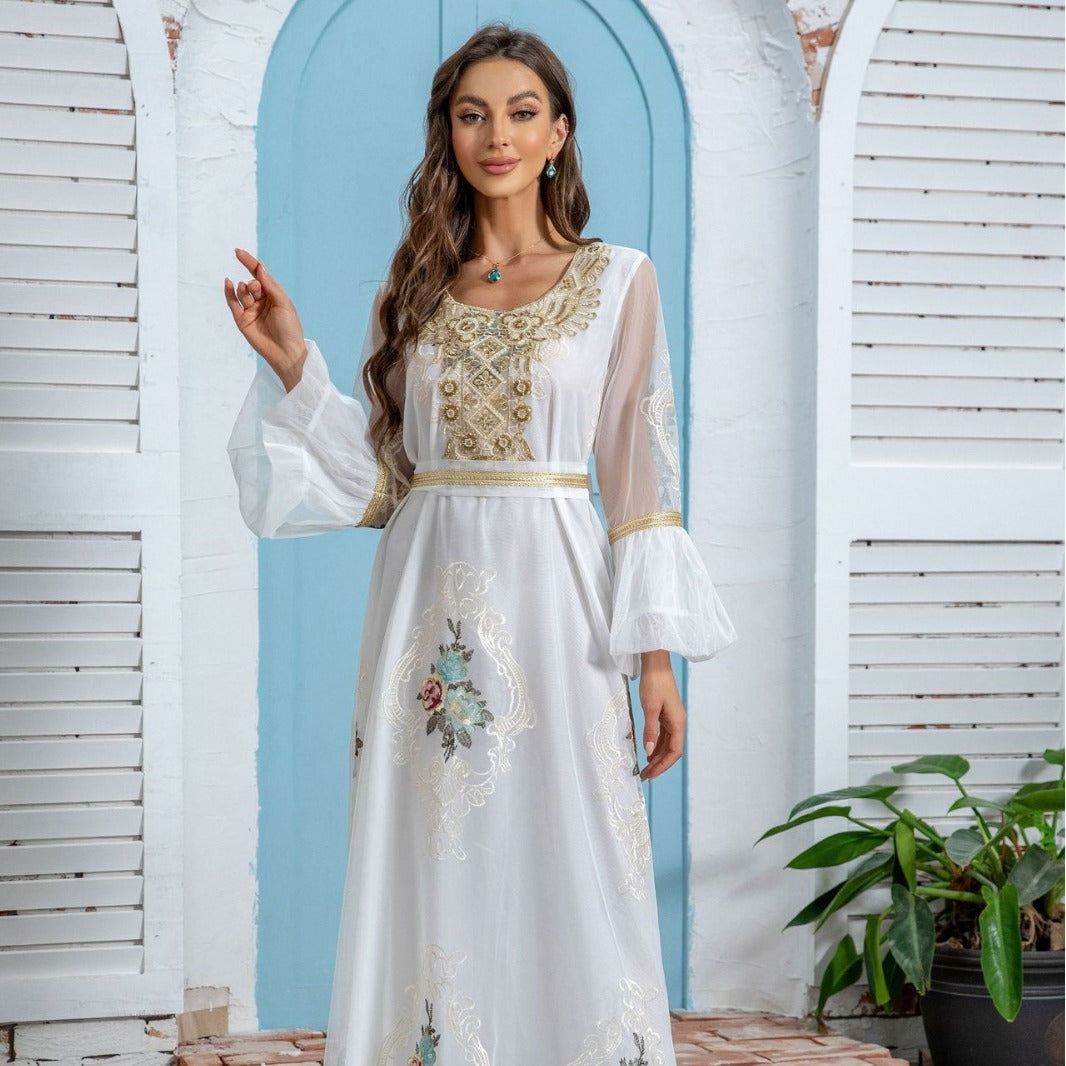 Radiant White Embroidered Abaya – Modest Evening Maxi Robe