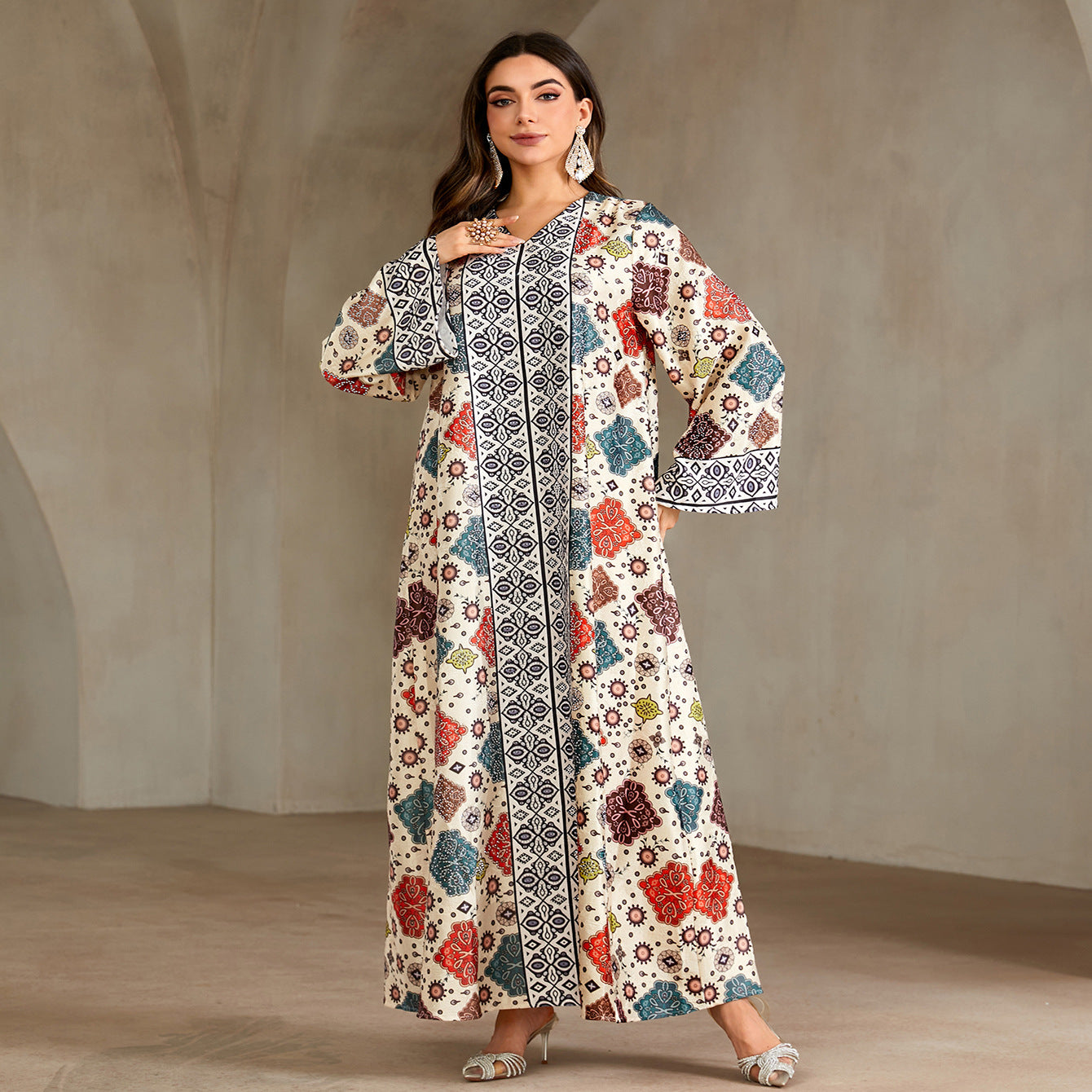 Ethnic Geometric Print Rhinestone Embellished Gown Jalabiya Modest Straight Maxi Dress for Muslim Women Eid Ramadan S-XXL